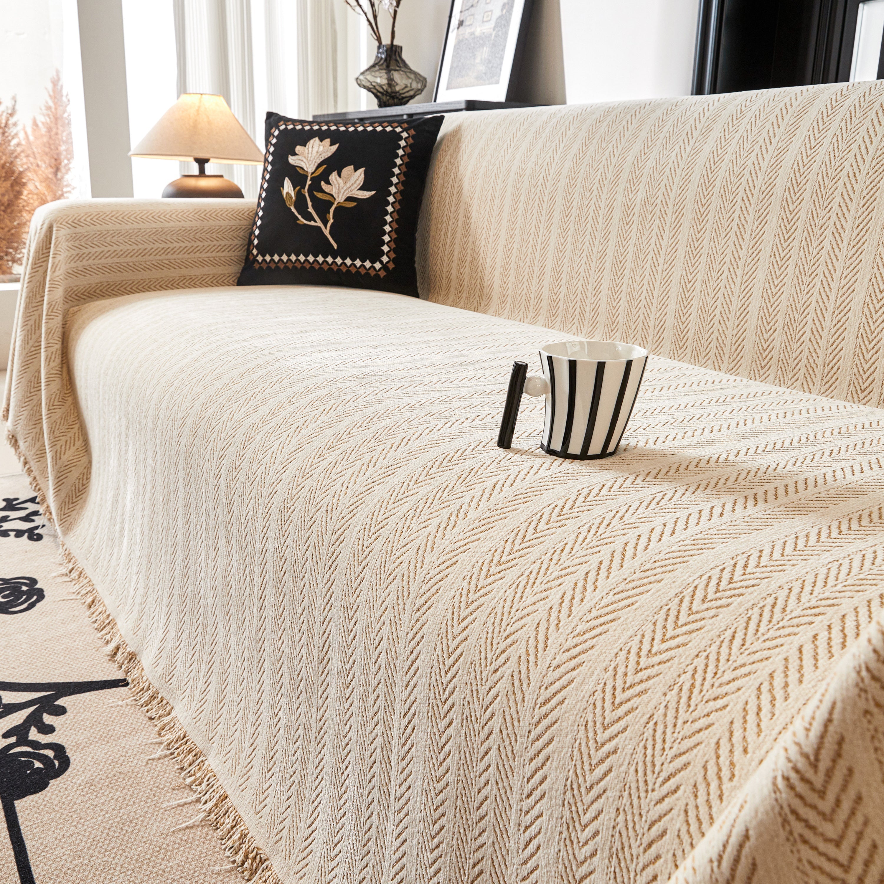 Herringbone Chenille Couch Cover Blanket Soft Durable Throw Sofa Protector With Tassel