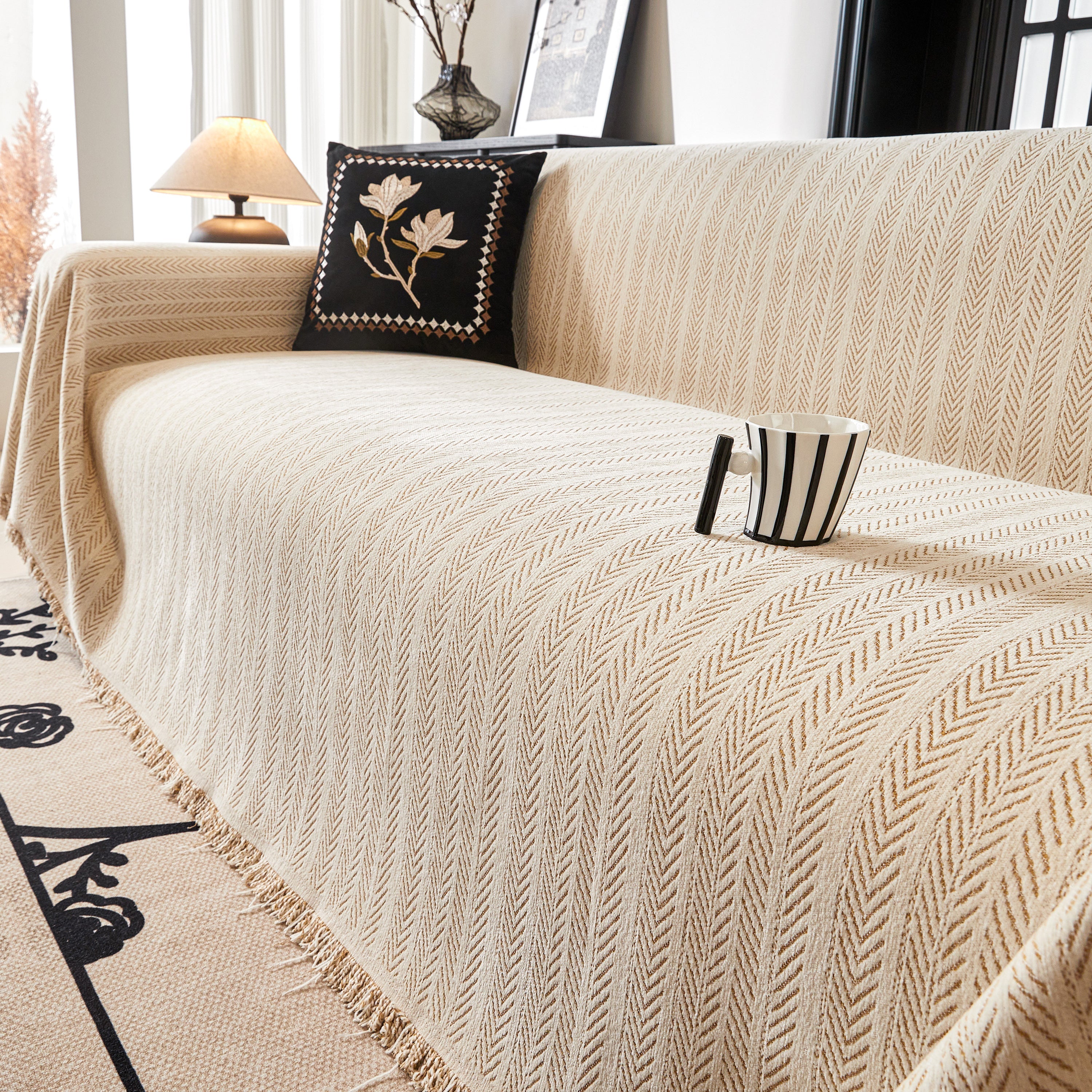 Herringbone Chenille Couch Cover Blanket Soft Durable Throw Sofa Protector With Tassel