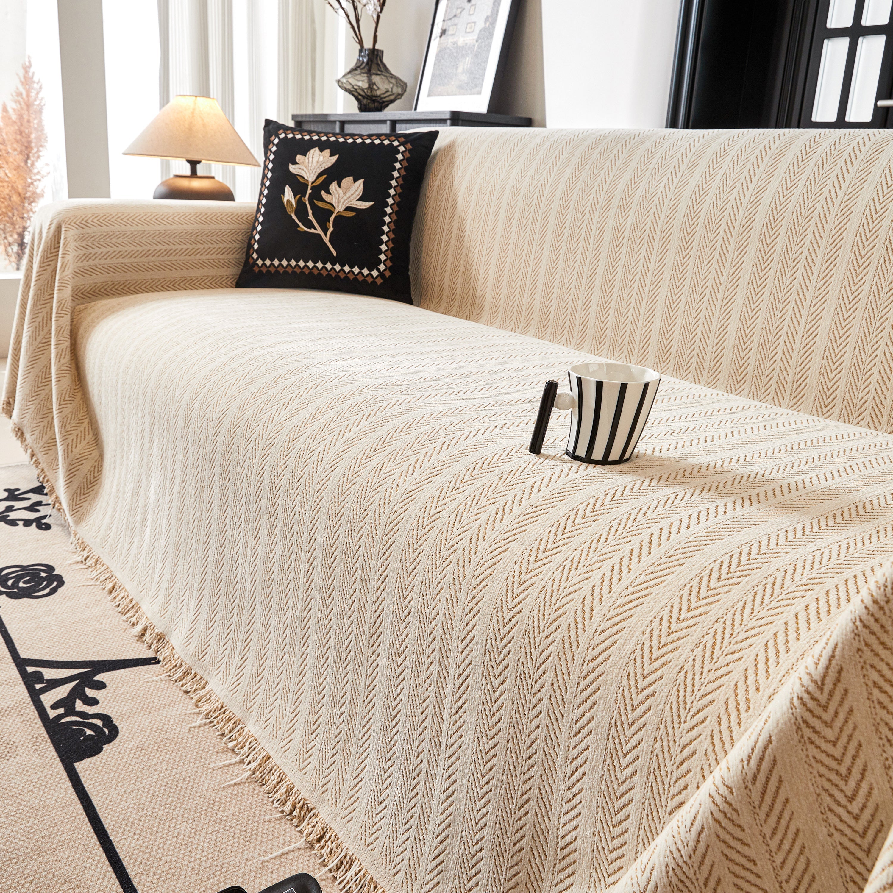 Herringbone Chenille Couch Cover Blanket Soft Durable Throw Sofa Protector With Tassel