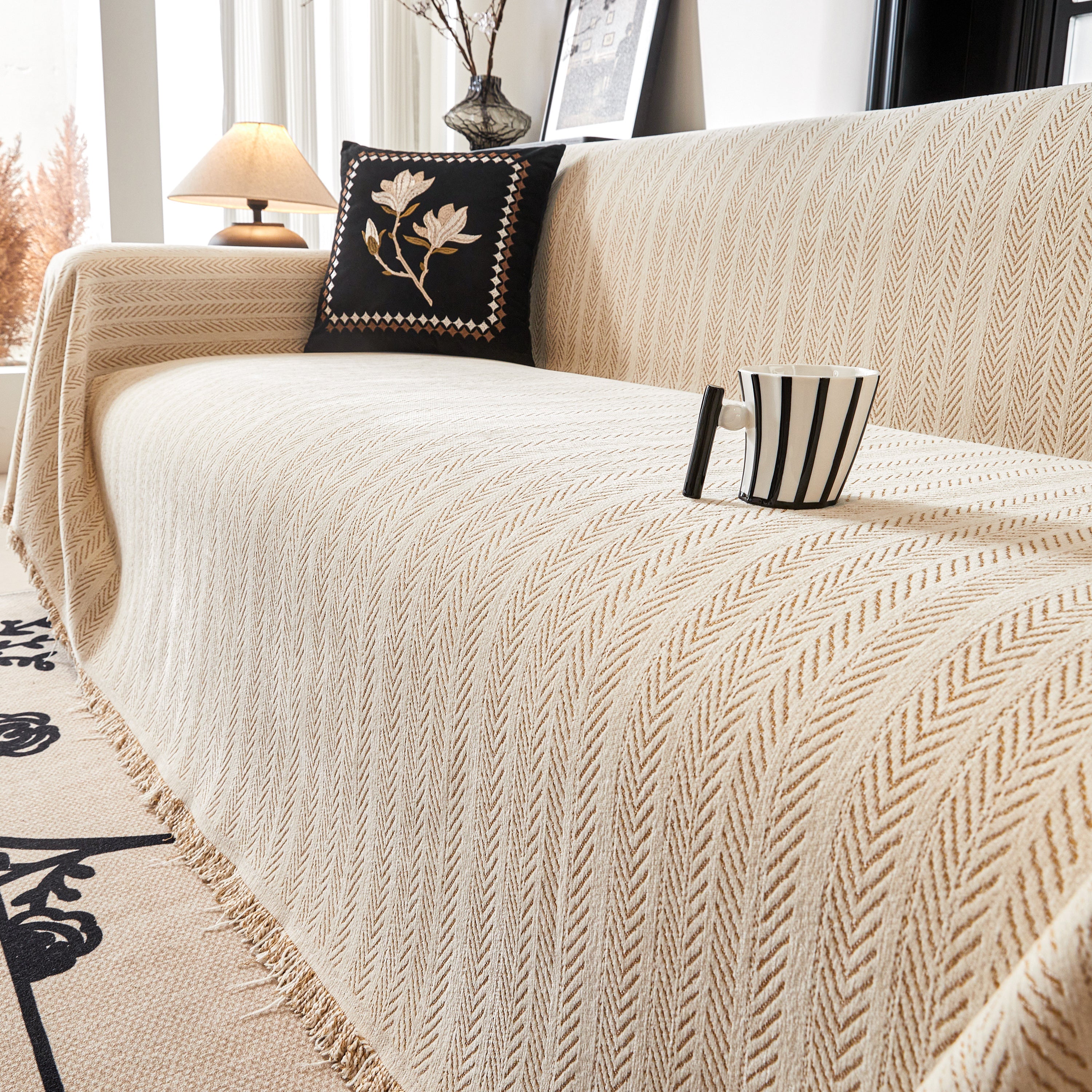 Herringbone Chenille Couch Cover Blanket Soft Durable Throw Sofa Protector With Tassel