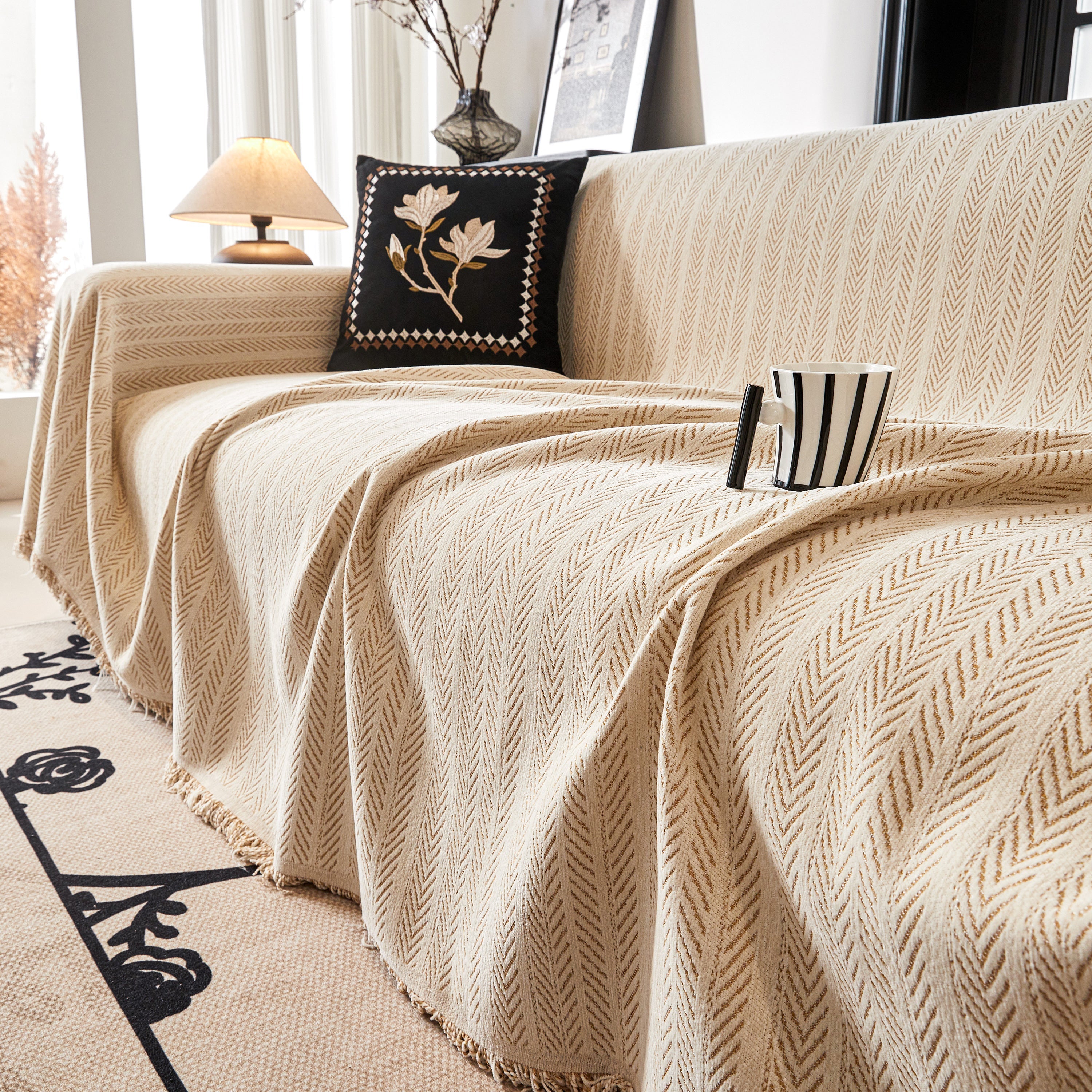 Herringbone Chenille Couch Cover Blanket Soft Durable Throw Sofa Protector With Tassel