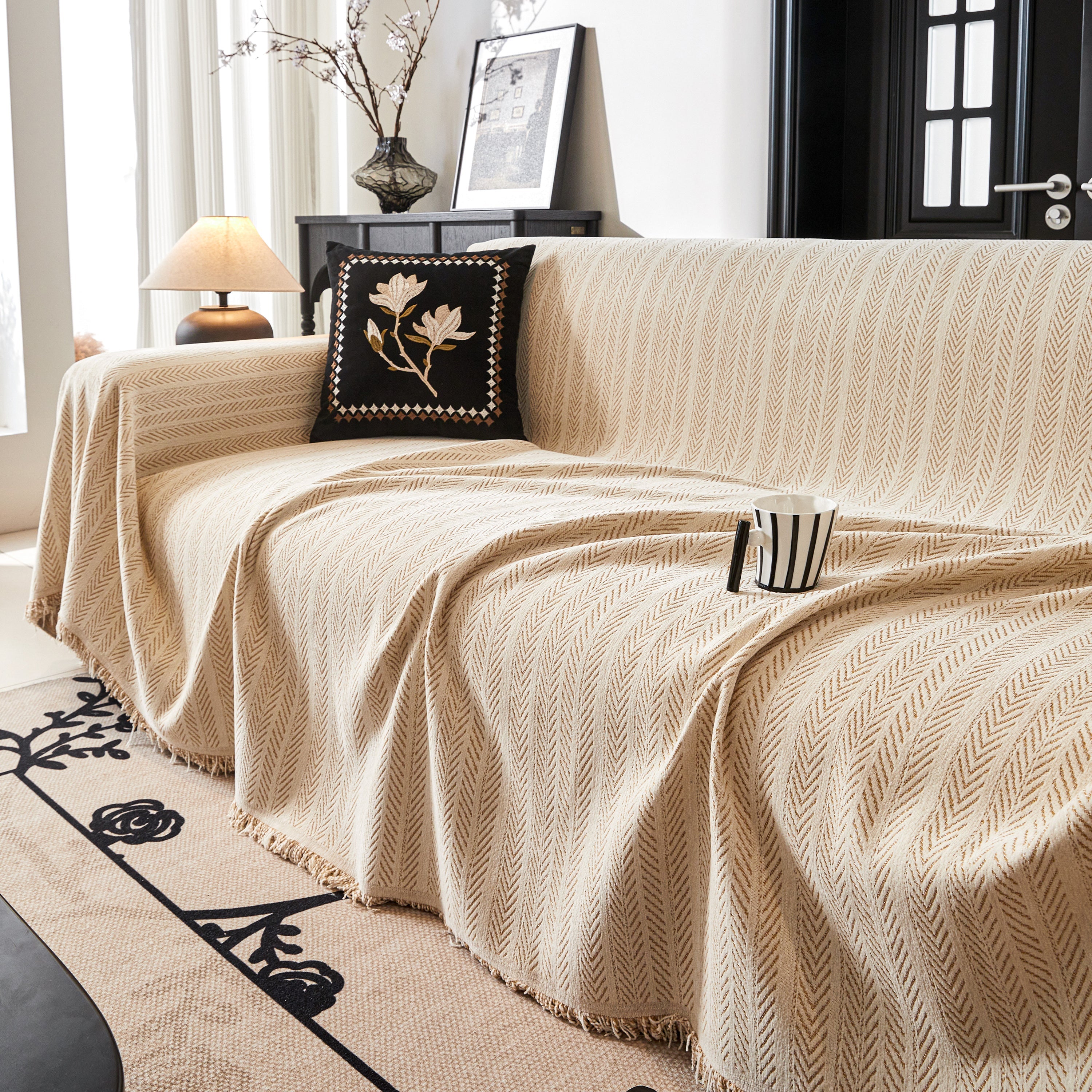 Herringbone Chenille Couch Cover Blanket Soft Durable Throw Sofa Protector With Tassel
