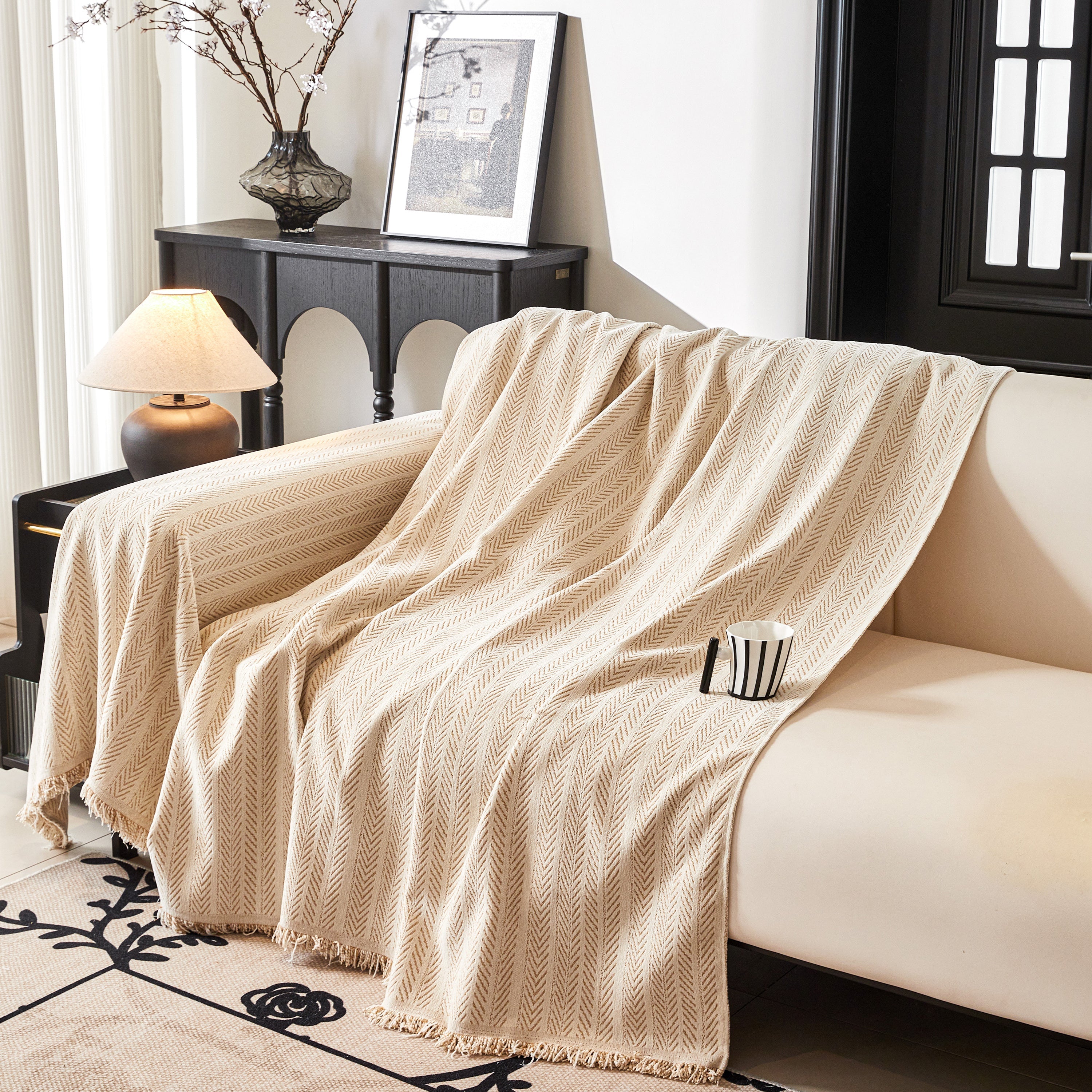 Herringbone Chenille Couch Cover Blanket Soft Durable Throw Sofa Protector With Tassel