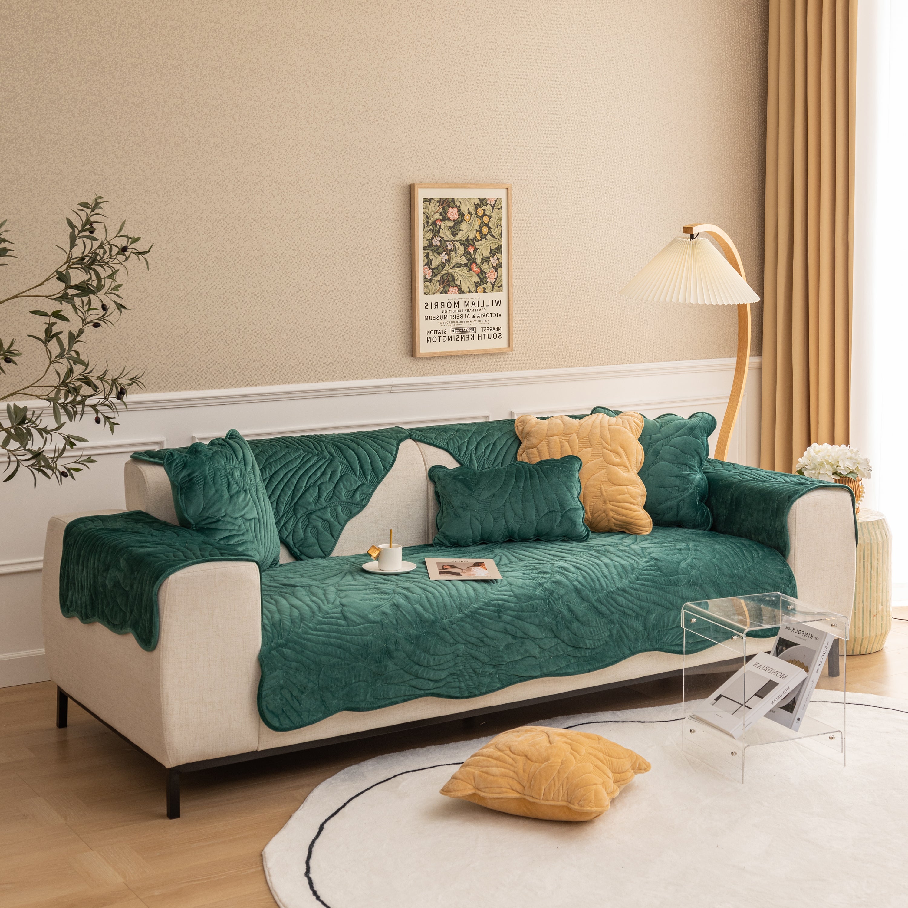 Soft Furry Velvet Plush Non-slip Sofa Cover Quilted Palm Leaves Sectional Couch Cover For Kids And Pets