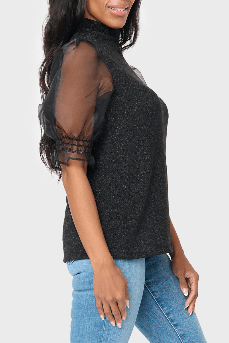 Feminine Ruffle Top With Organza Puff Elbow Sleeve