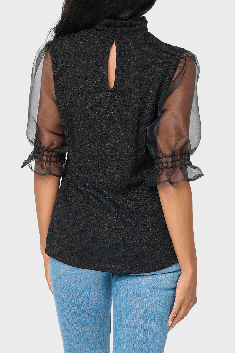 Feminine Ruffle Top With Organza Puff Elbow Sleeve