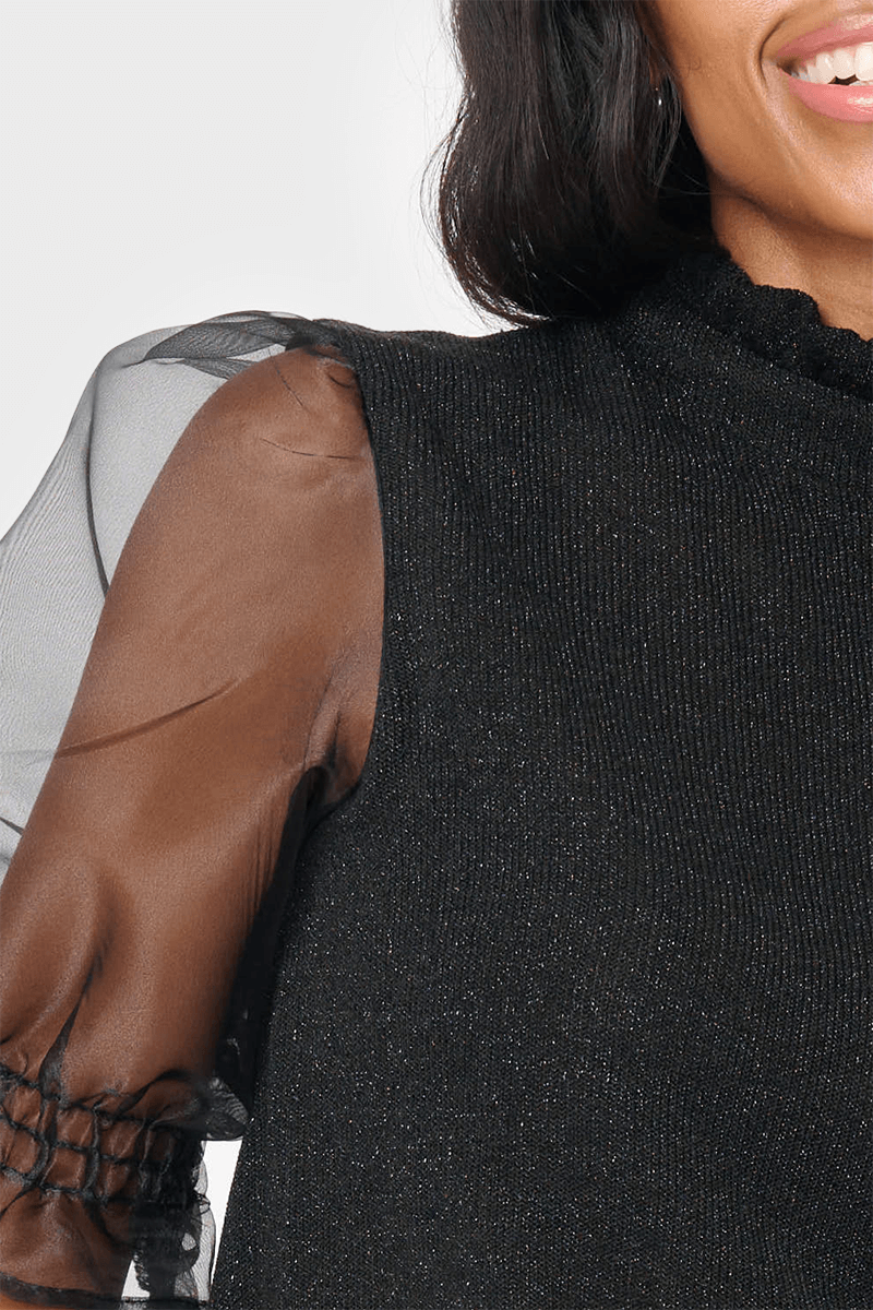 Feminine Ruffle Top With Organza Puff Elbow Sleeve