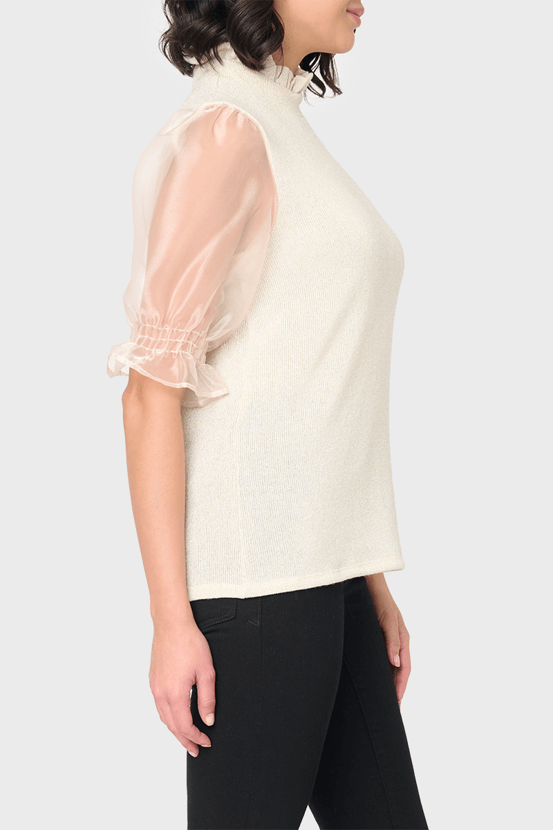 Feminine Ruffle Top With Organza Puff Elbow Sleeve