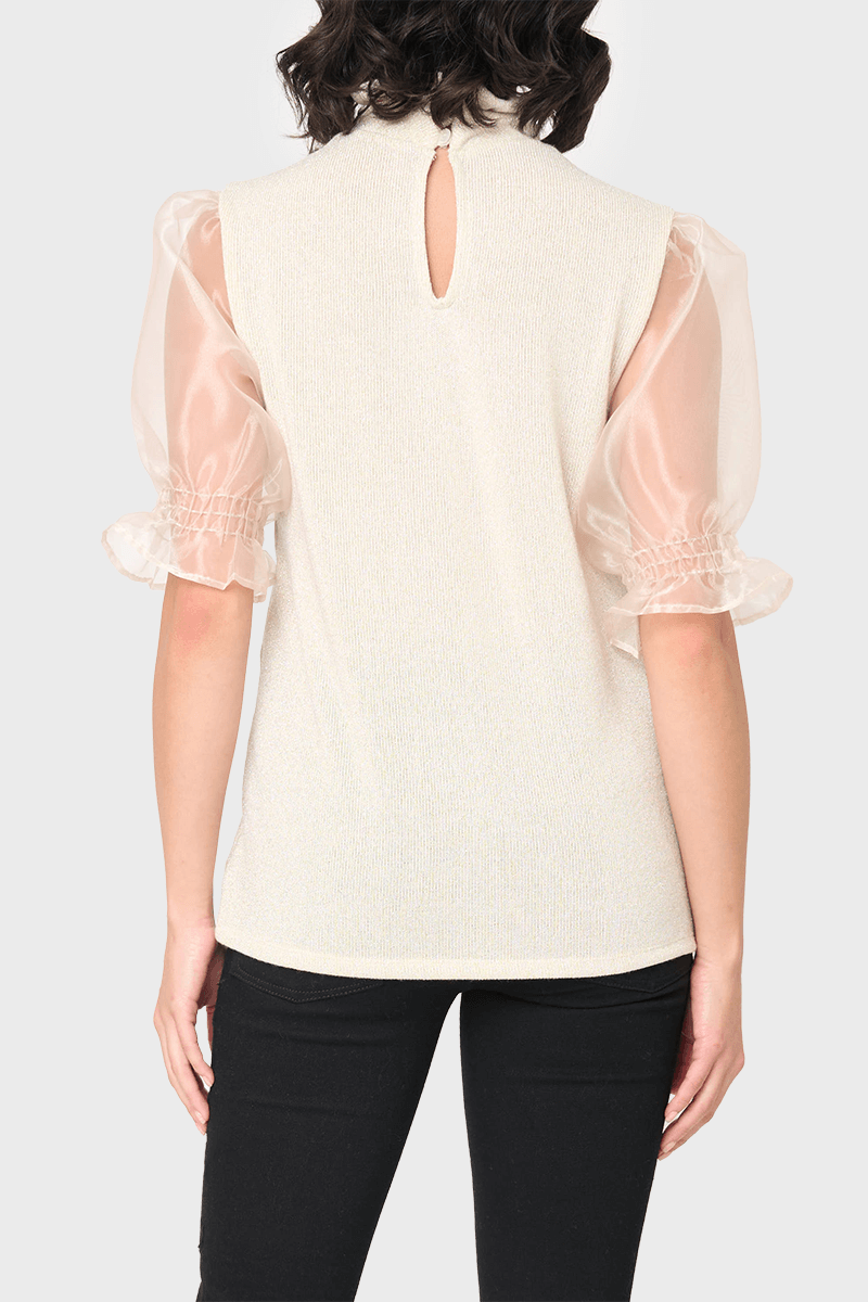Feminine Ruffle Top With Organza Puff Elbow Sleeve
