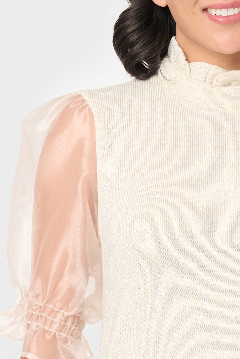 Feminine Ruffle Top With Organza Puff Elbow Sleeve