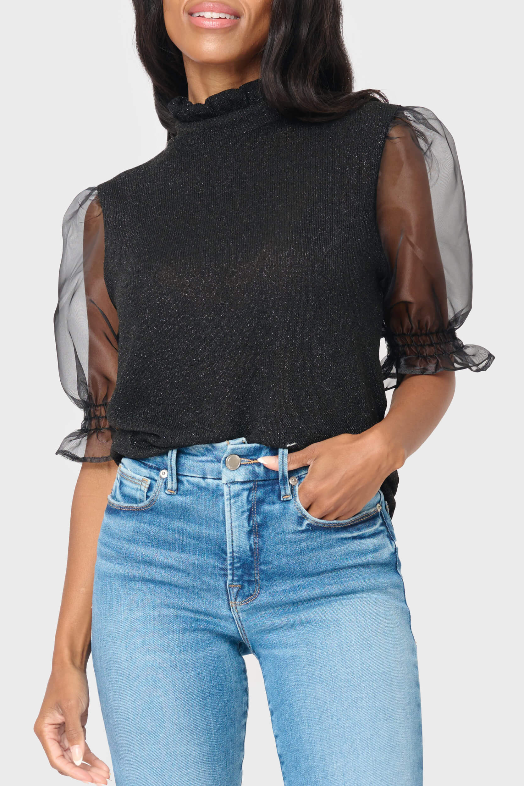 Feminine Ruffle Top With Organza Puff Elbow Sleeve