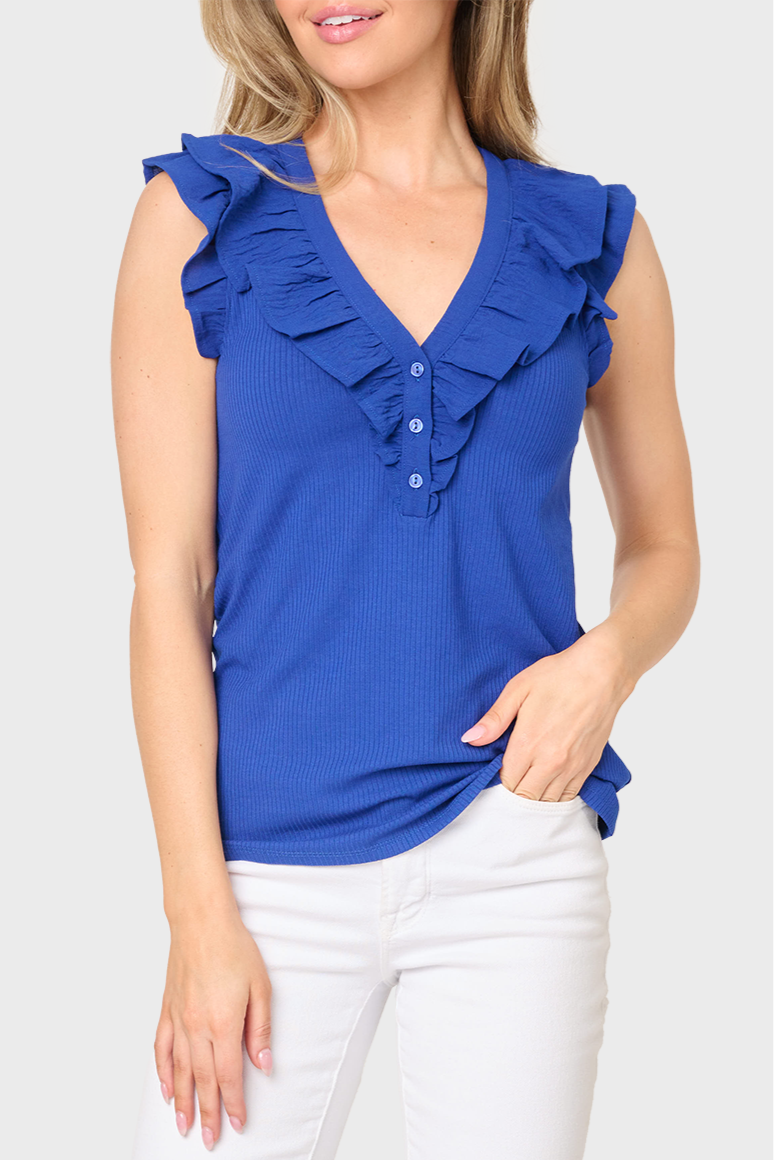Ruffles For Days Mixed Media Henley Knit Top