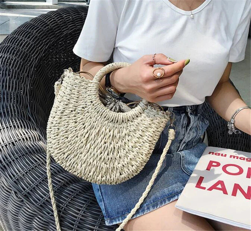 Handmade Half-round Rattan Woven Straw Bag