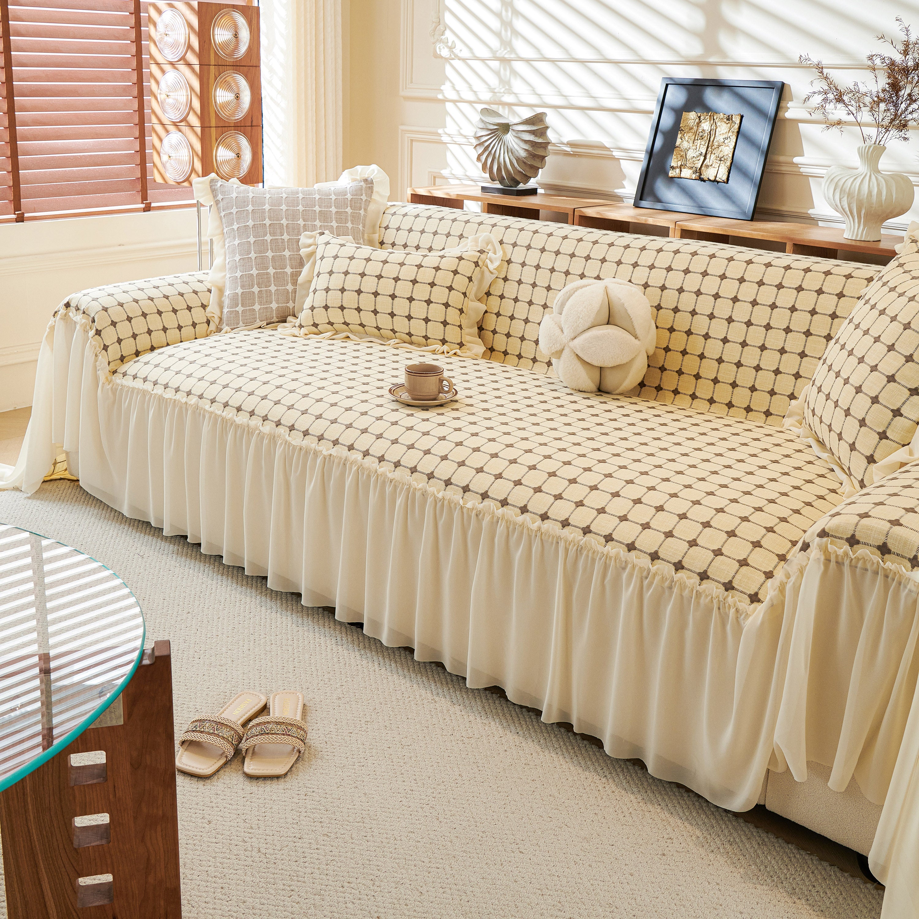 Grid Textured Sofa Cover With Sheer Ruffle Skirt, Pet-friendly Sofa Throw Slipcover