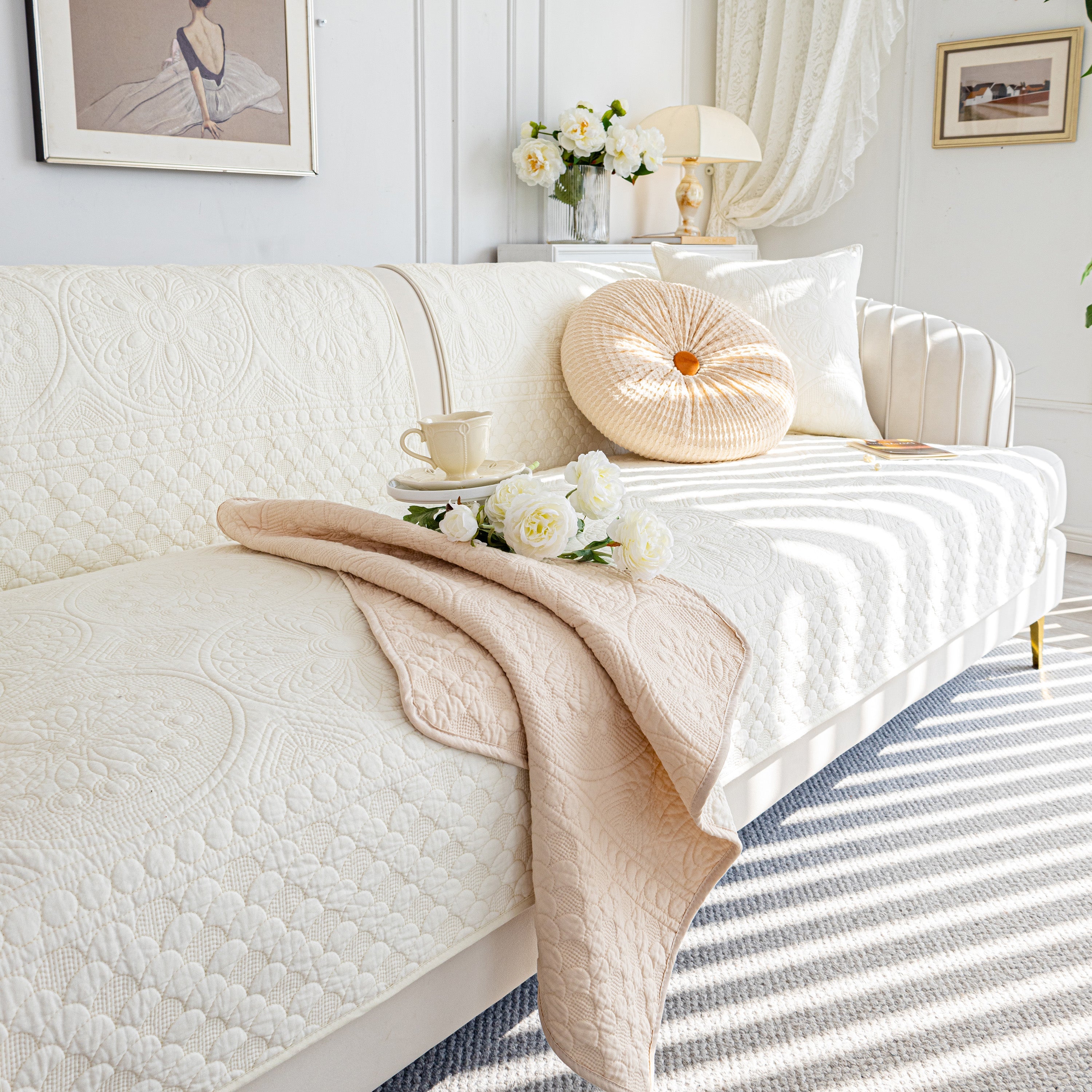 Cotton Quilted Sofa Cover, Non-slip Couch Protector Fits Backrest, Seat & Armrest