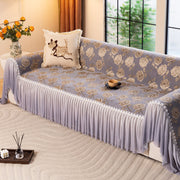 French Country Floral Sofa Cover With Ruffled Skirt, Farmhouse Decor For Living Room