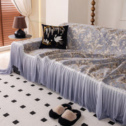 Elegant Botanical Sofa Cover With Pleated Tulle Skirt, Vintage Floral Couch Protector