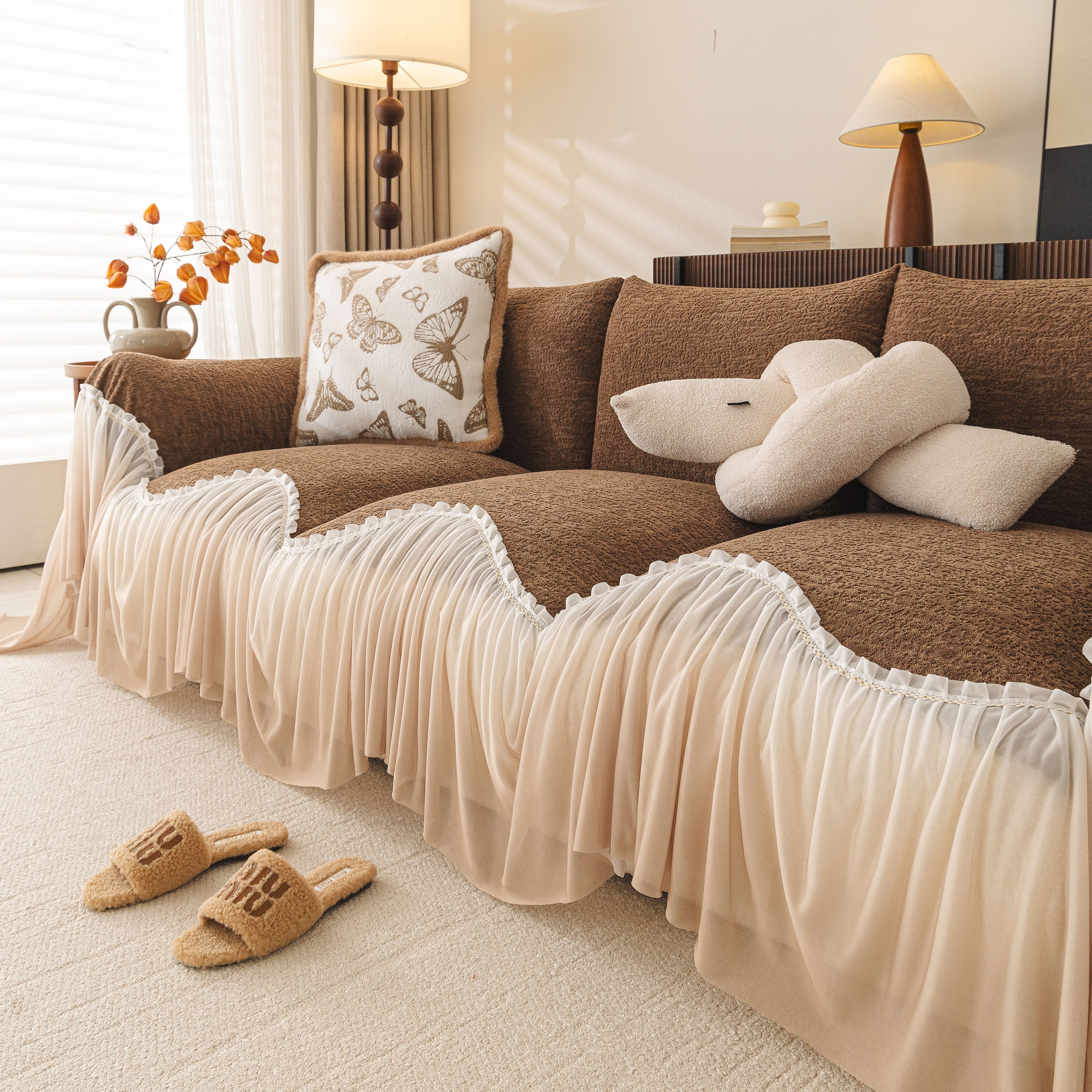 Luxury Sofa Throw Cover With Elegant Ruffled Skirt, Soft Decorative Couch Protector