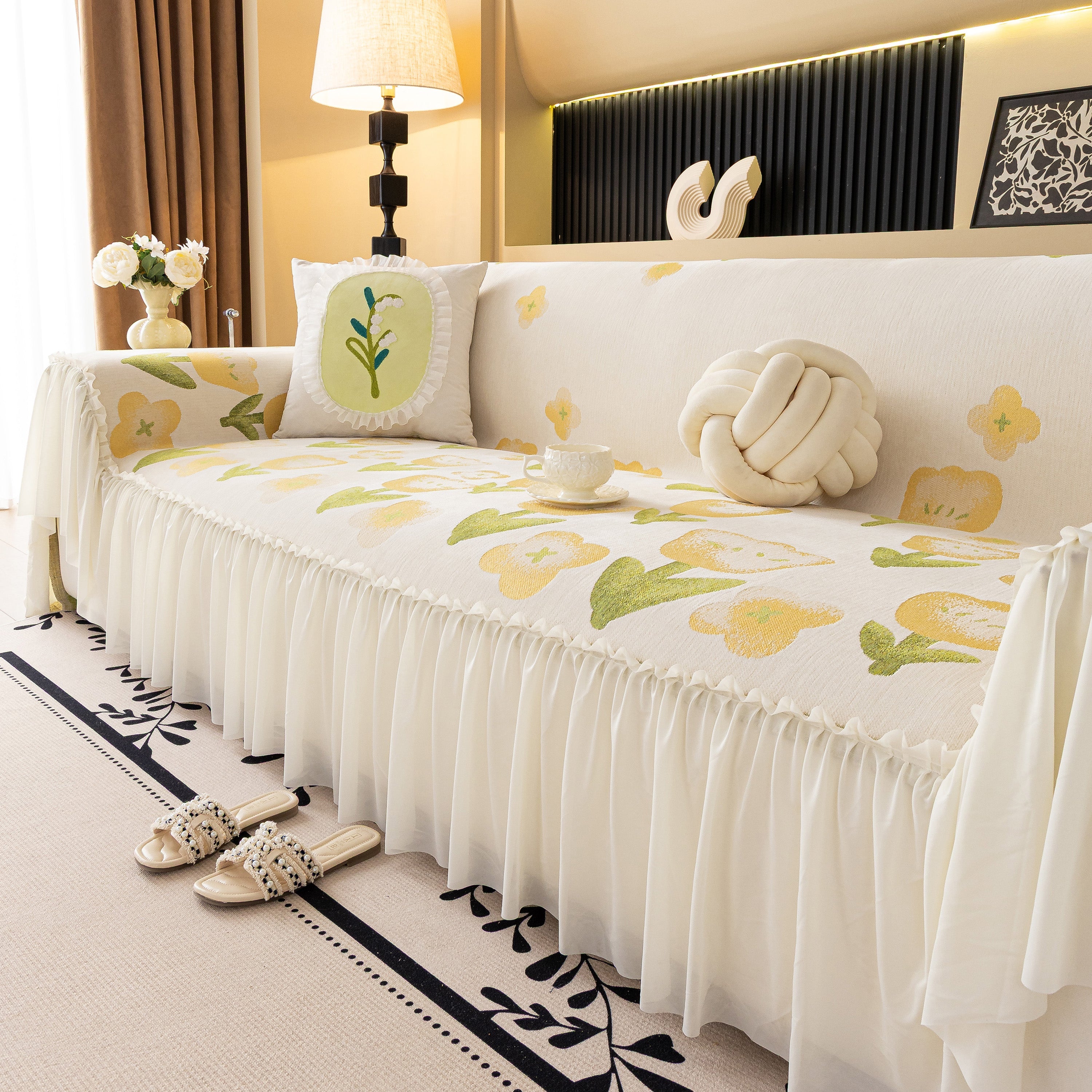 Ruffled Sweet Floral Sofa Cover With Skirt, Soft And Decorative Couch Throw Cover
