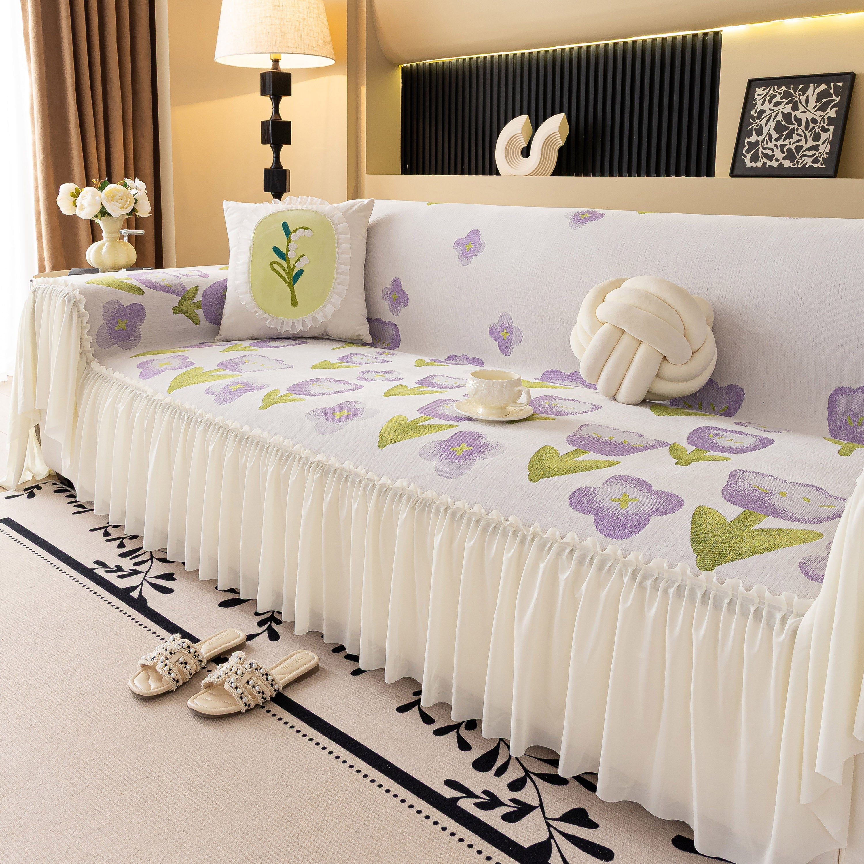 Ruffled Sweet Floral Sofa Cover With Skirt, Soft And Decorative Couch Throw Cover
