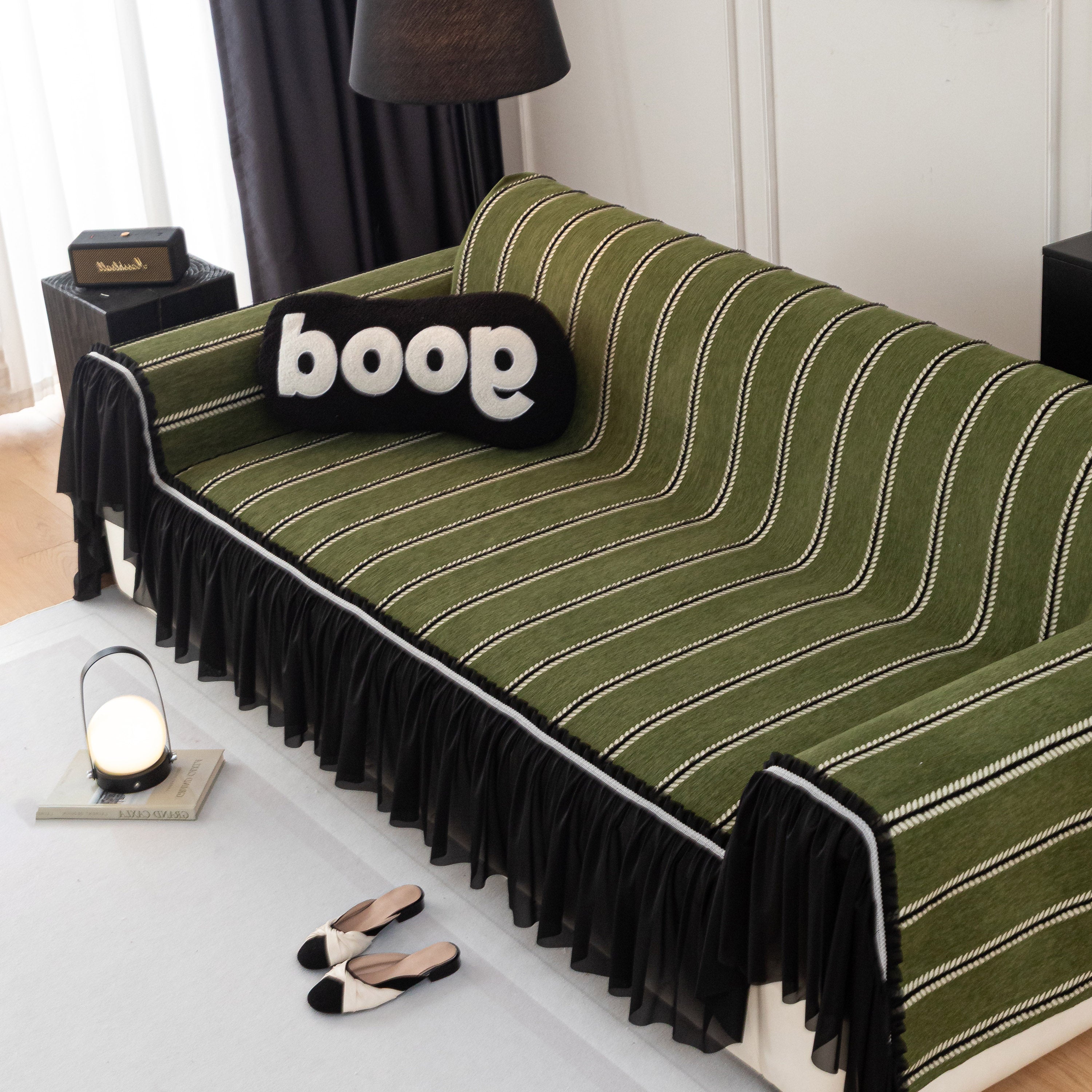 Leaf Stripe Sofa Cover With Black Sheer Skirt, Boho Soft Couch Slipcover For Pets