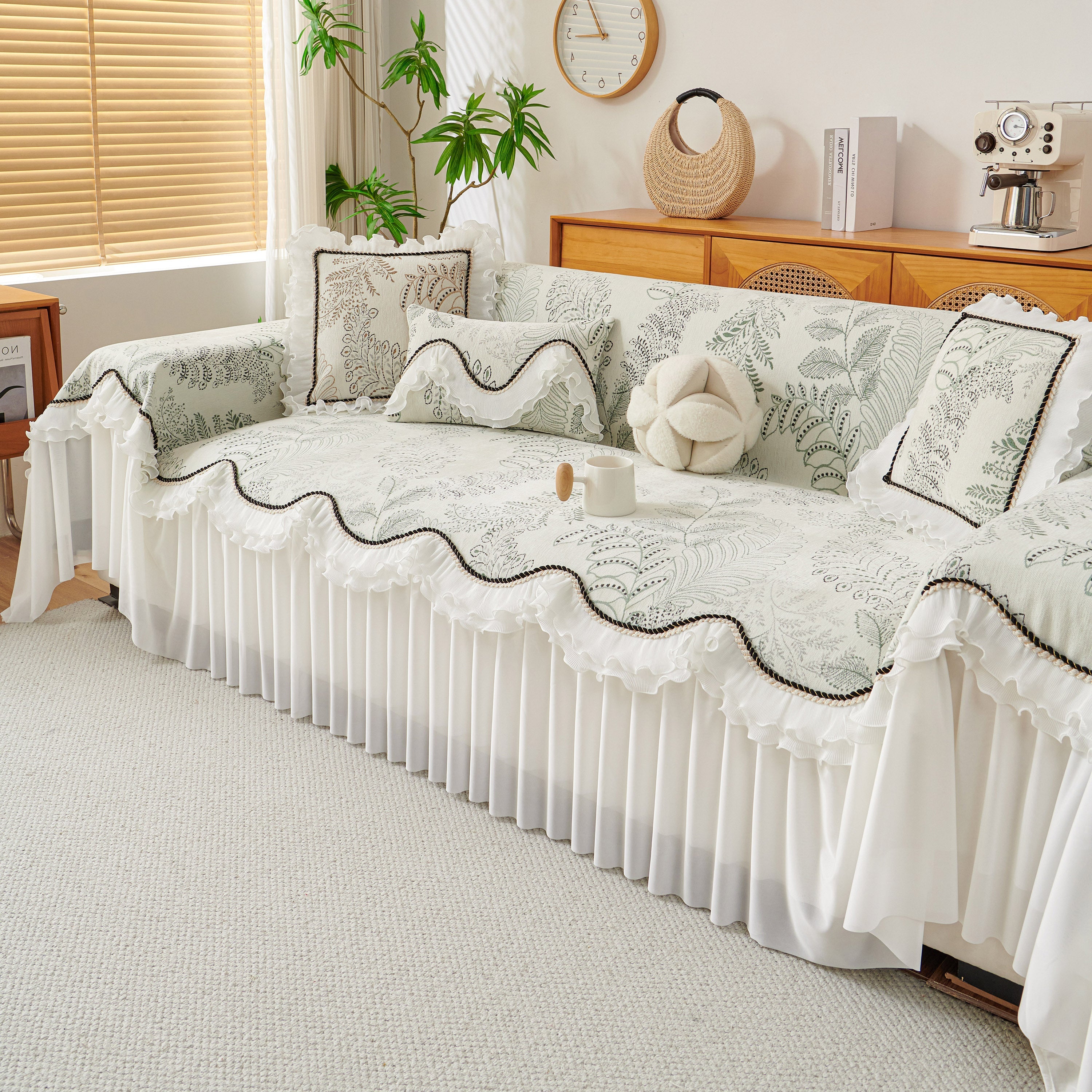 Farmhouse Ruffled Lace Sofa Slipcover Vintage Furniture Protector With Botanical Print