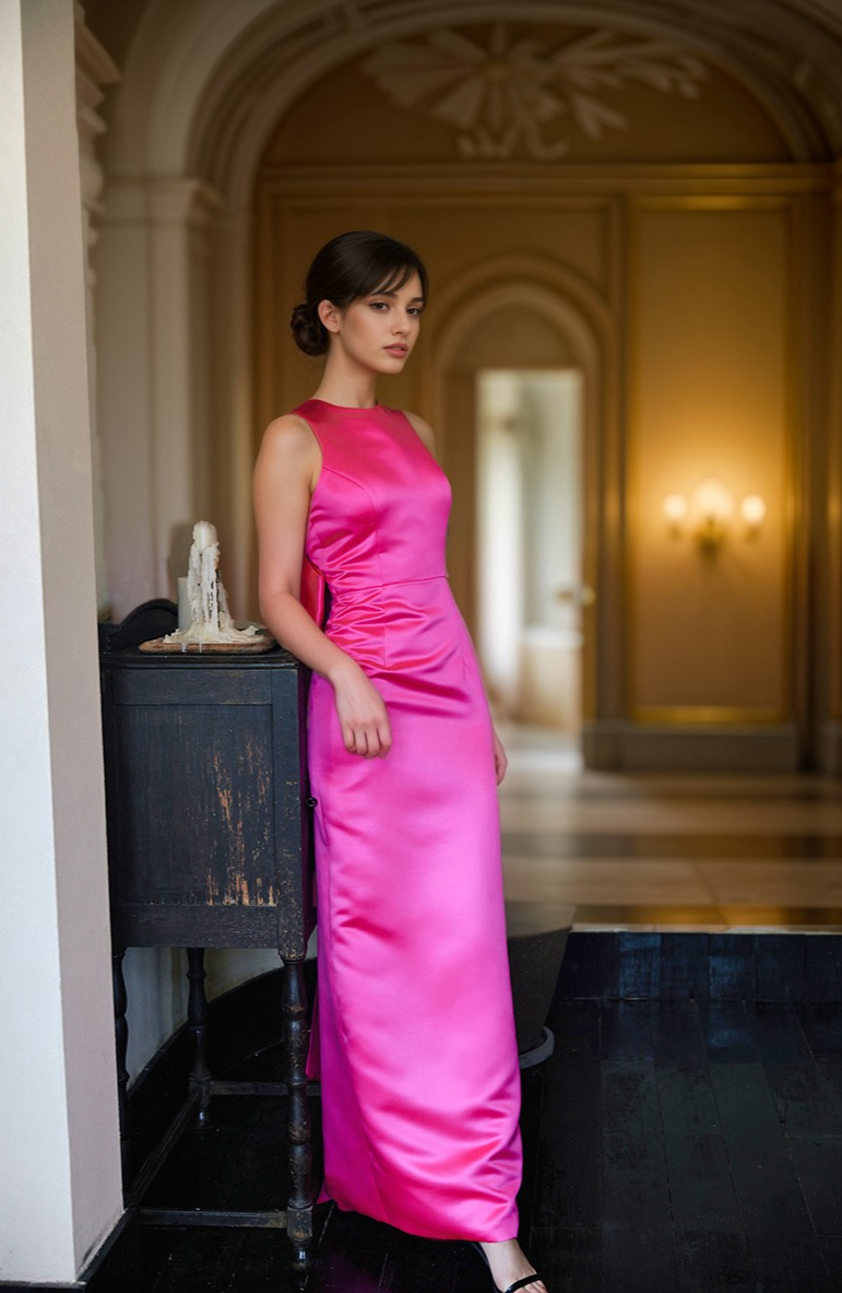 Haltered Bow Design Back Sheath Silky Satin Prom Dress With Bow-tie Multiple Colors