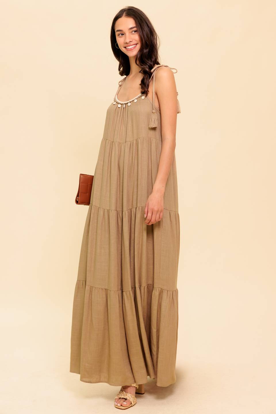 World Of Possiblilities Taupe Woven Maxi Dress