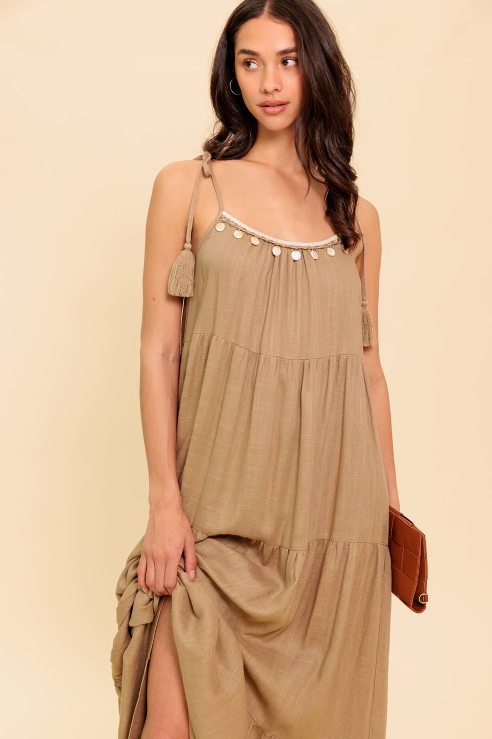 World Of Possiblilities Taupe Woven Maxi Dress