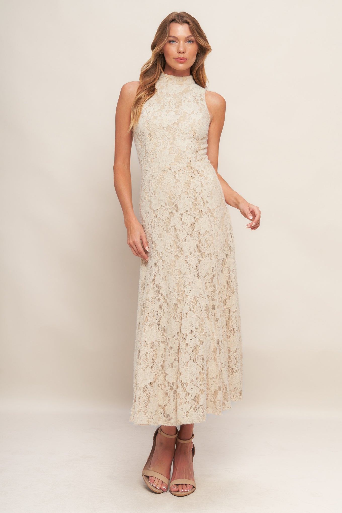 Elegant Floral Stretch Lace Midi Dress