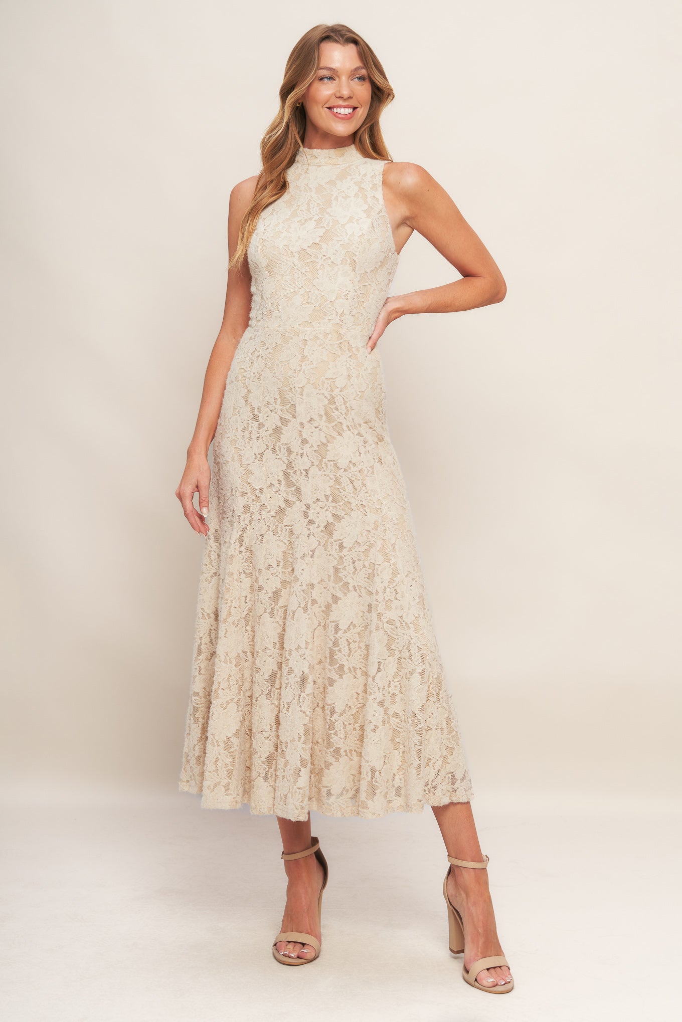 Elegant Floral Stretch Lace Midi Dress