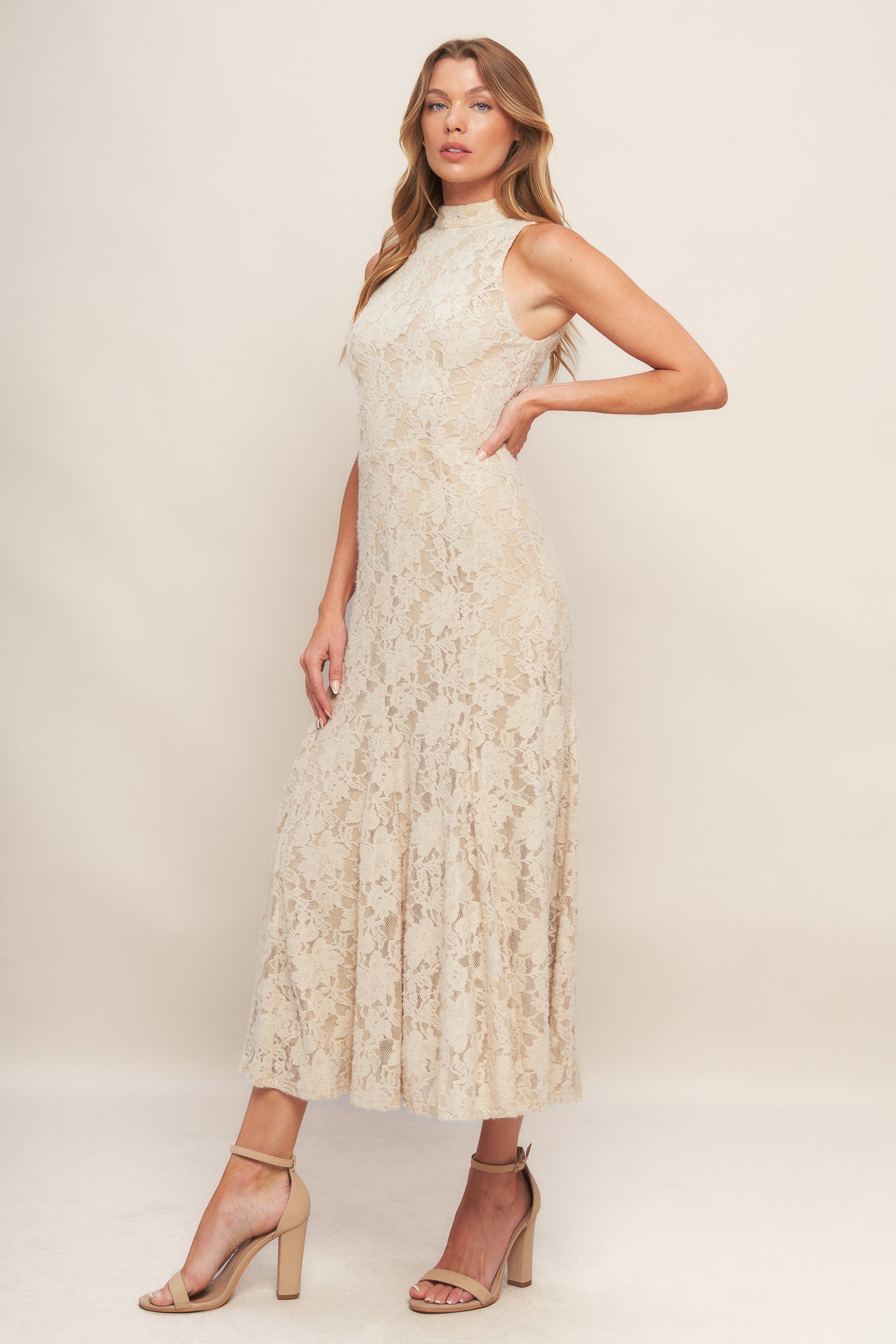Elegant Floral Stretch Lace Midi Dress
