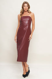 RUNWAY TREND FAUX LEATHER MIDI DRESS, BURGUNDY / M