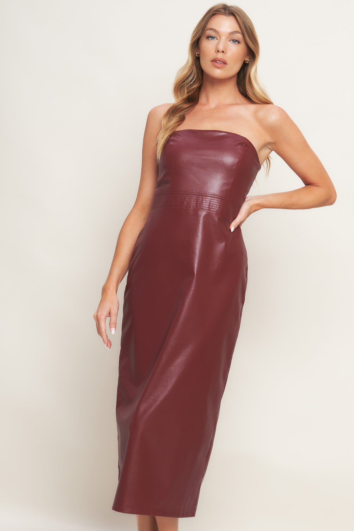 faux leather midi dress Runway Trend Faux Leather Midi Dress BURGUNDY / M faux leather midi dress Runway Trend Faux Leather Midi Dress BURGUNDY / M