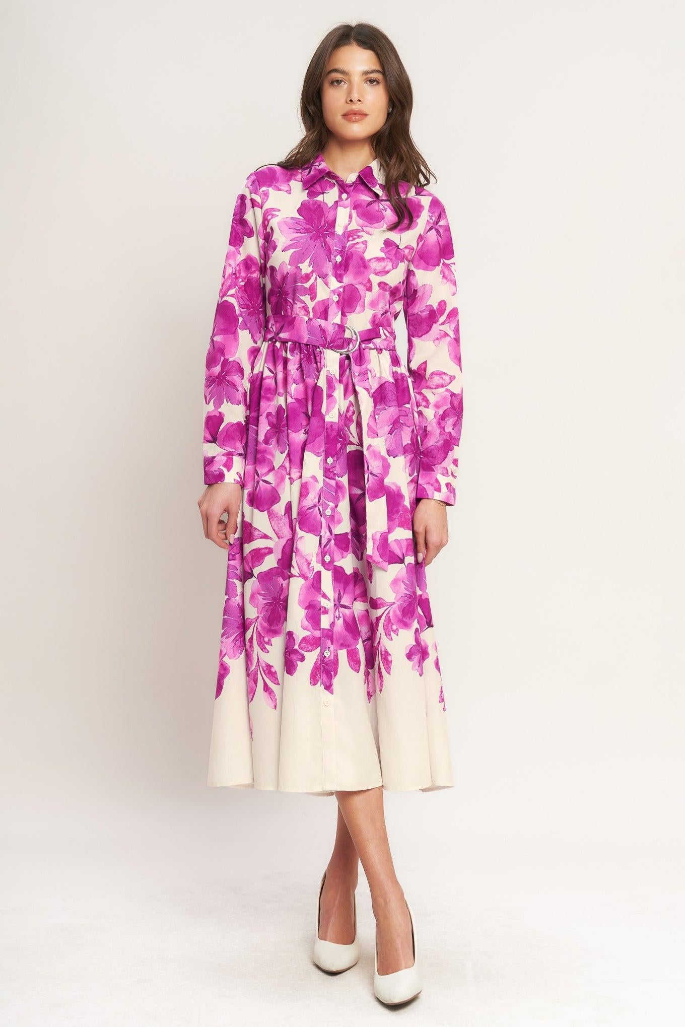 Berry Petal Woven Midi Shirt Dress