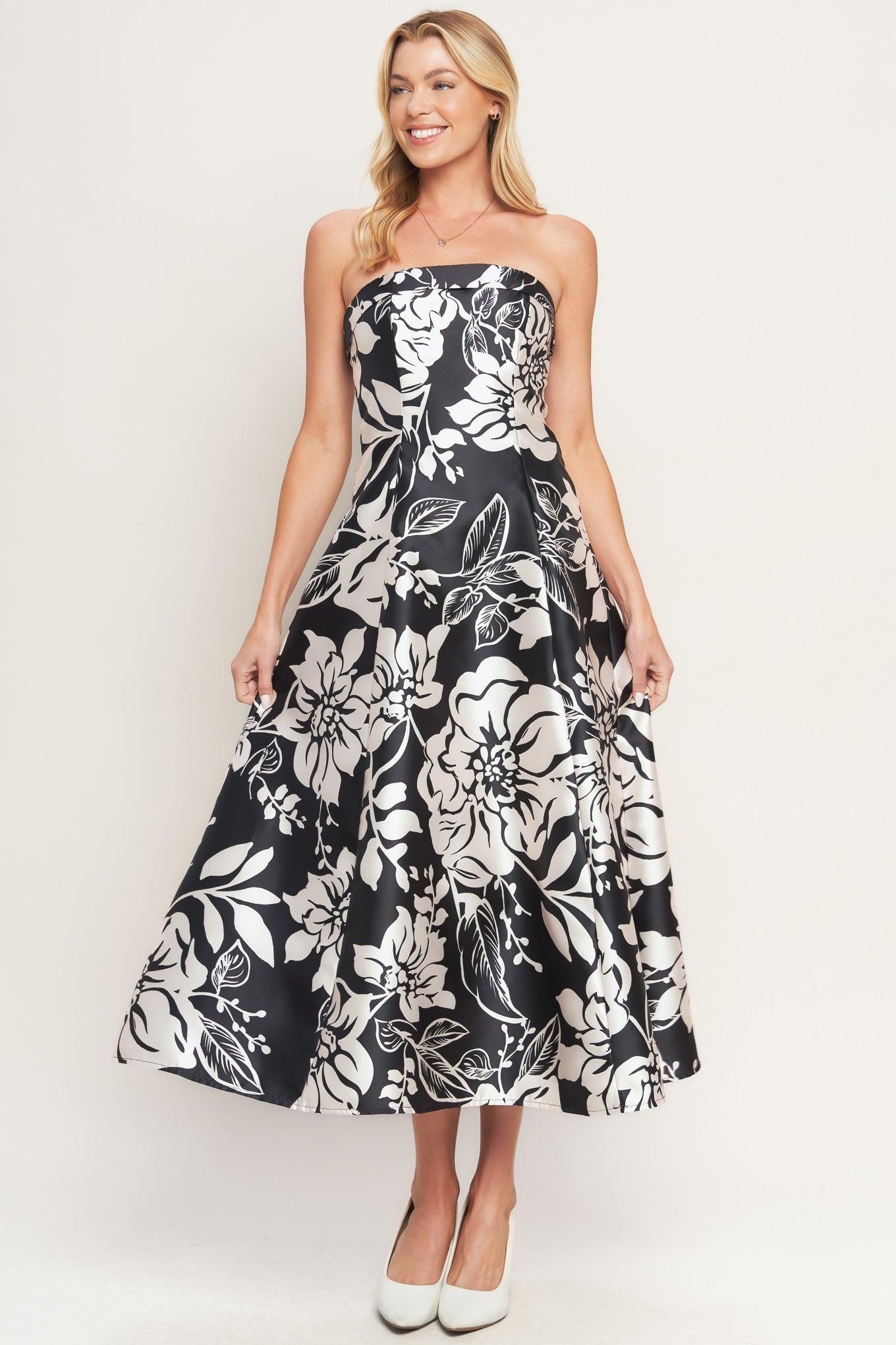 Elegant Bloom Swirl Woven Midi Dress