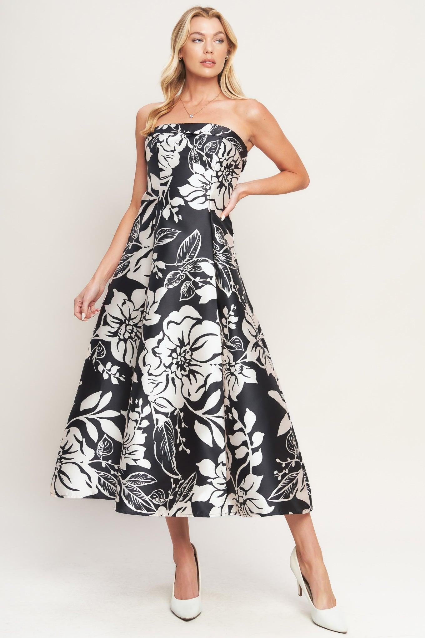 Elegant Bloom Swirl Woven Midi Dress