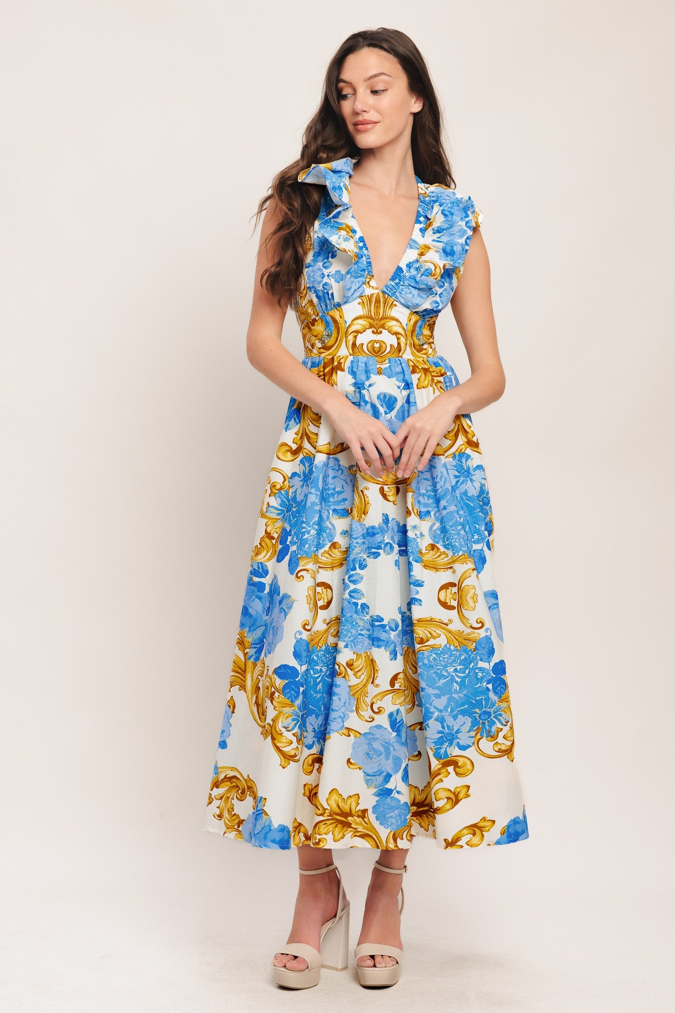 Baroque Bloom Woven Midi Dress