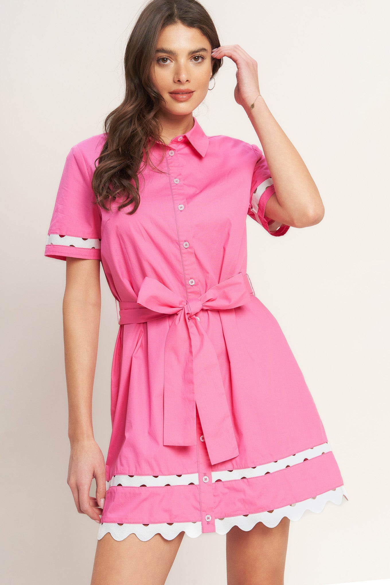 FLYING TOMATO Wavy Fringe Trim Cotton Shirtdress in Pink at Nordstrom Rack, Size Medium