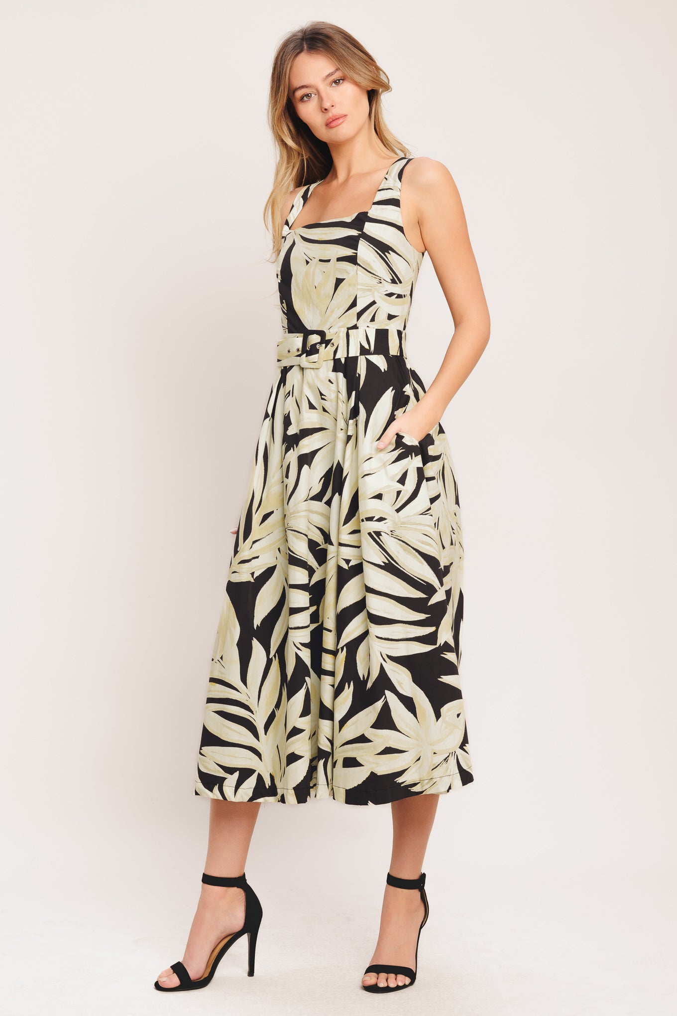 Mono Leaf Statement Woven Midi Dress