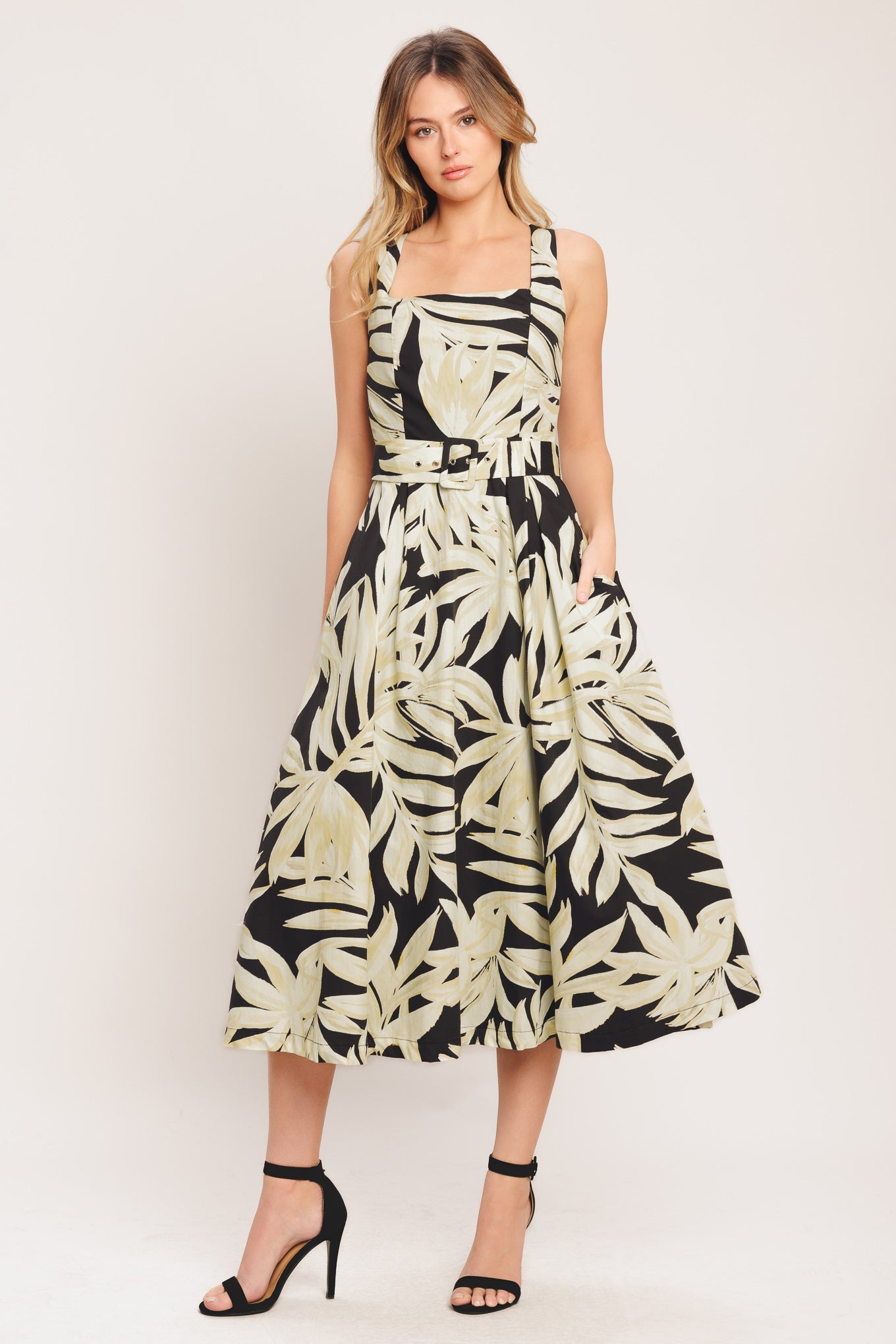 Mono Leaf Statement Woven Midi Dress