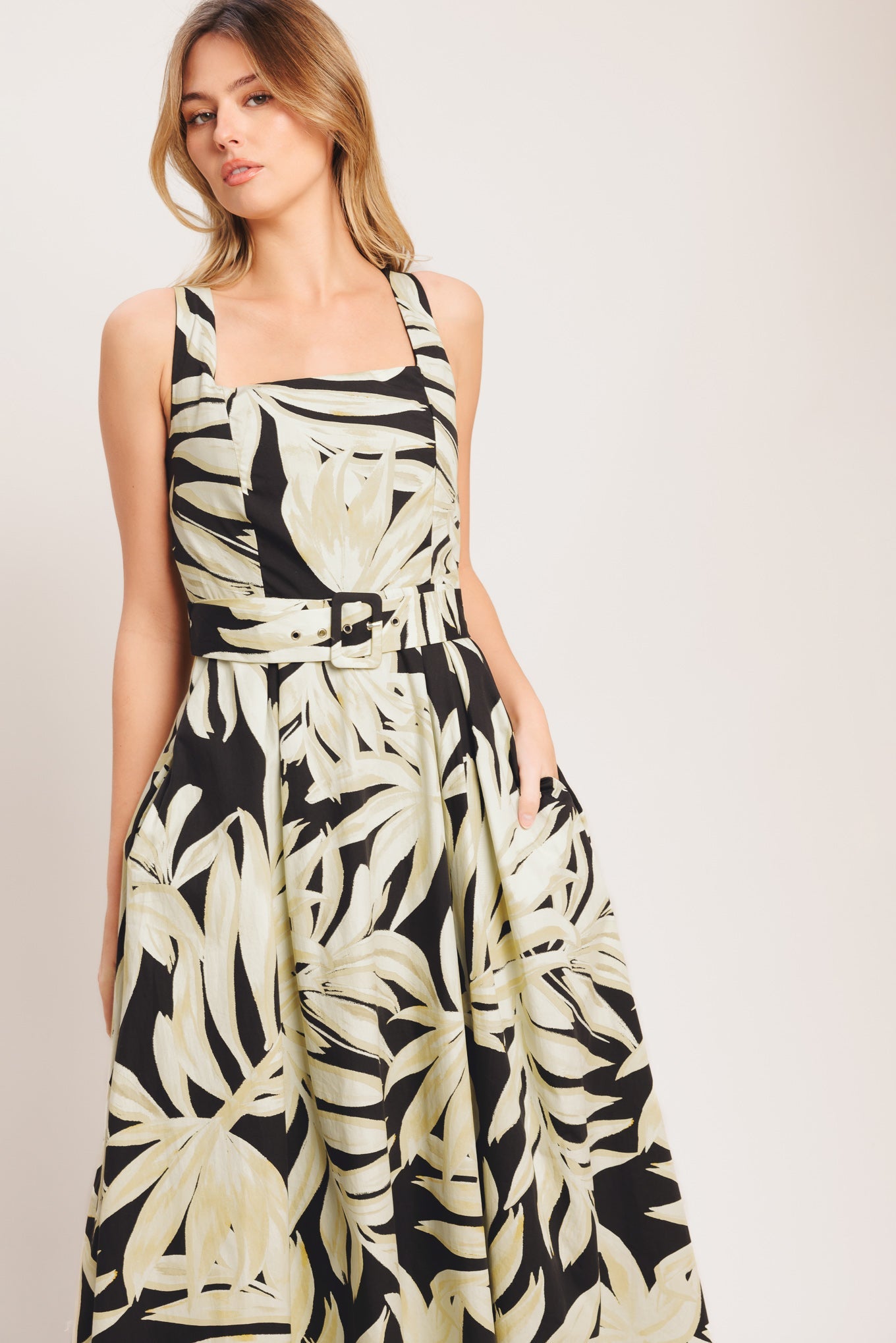 Mono Leaf Statement Woven Midi Dress