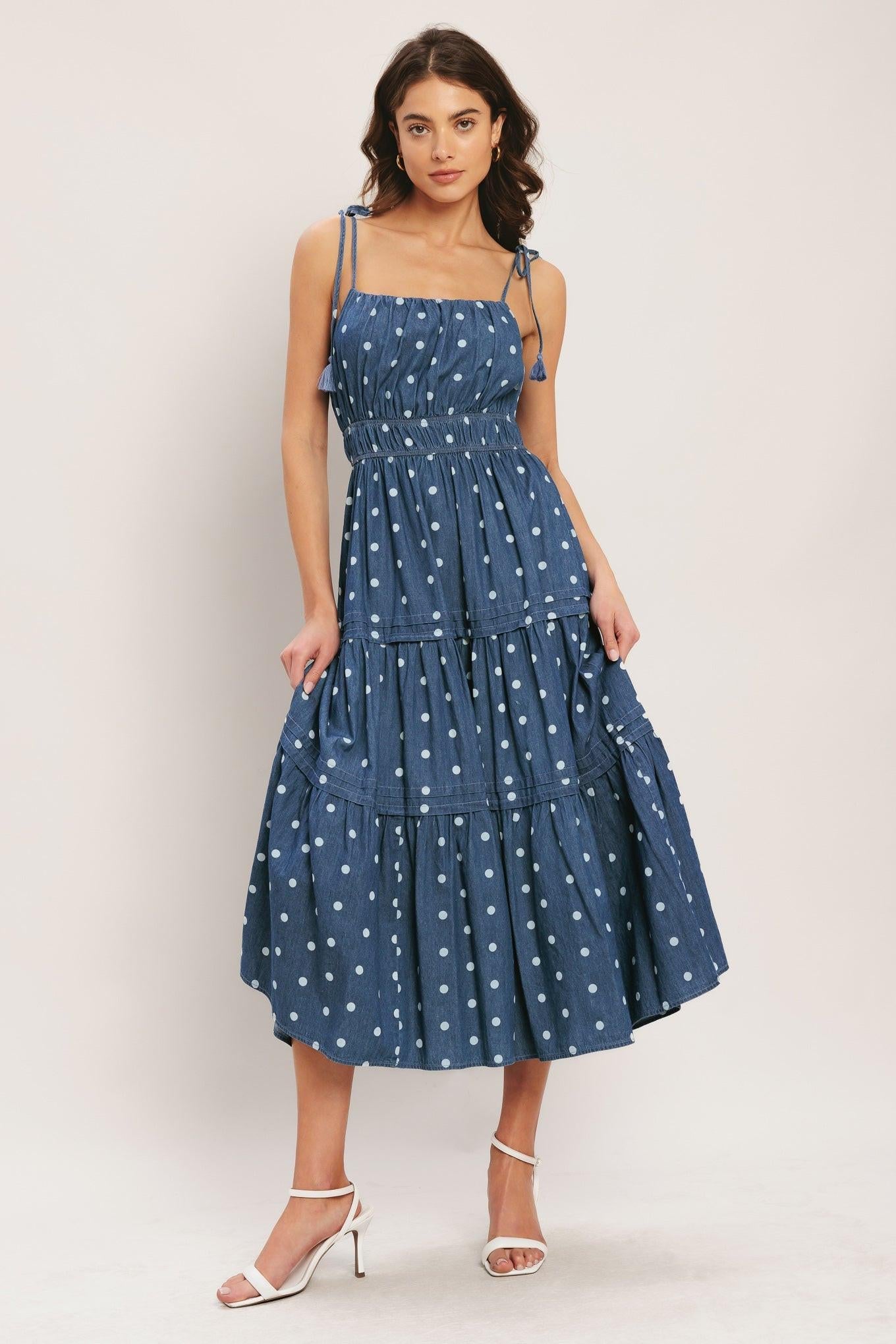 NAUTICAL DOT DENIM MIDI DRESS, MEDIUM INDIGO / L