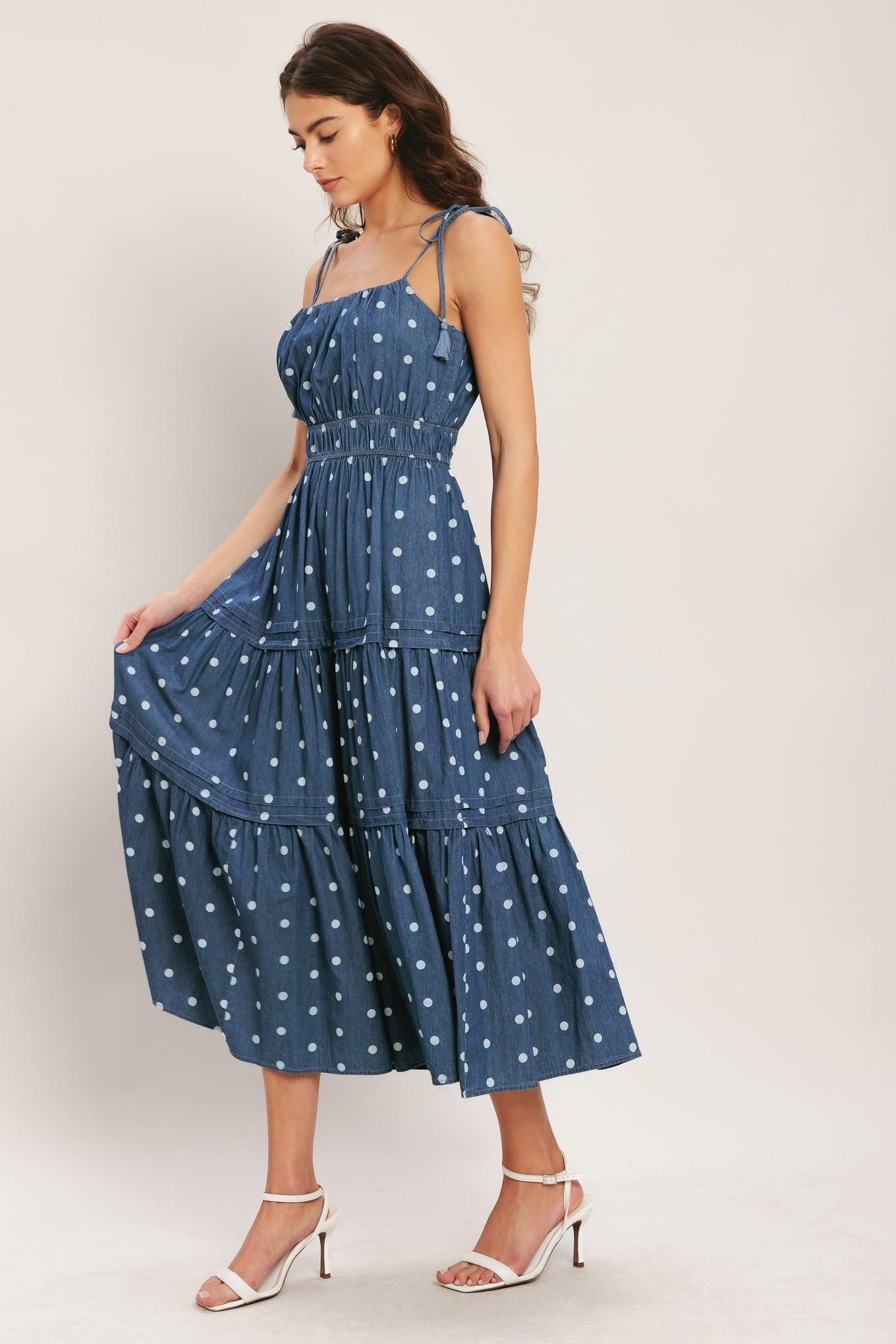 NAUTICAL DOT DENIM MIDI DRESS, MEDIUM INDIGO / L