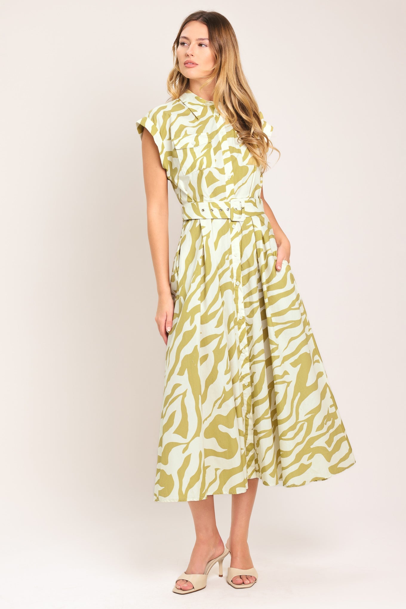 Soft Zebra Woven Midi Shirt Dress