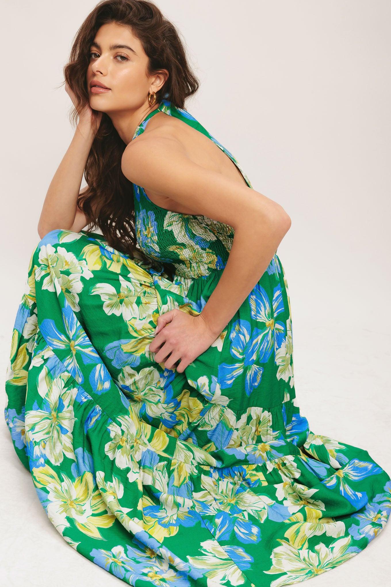 green bloom maxi dress RIXO Meera Chiffon Butterfly Bloom Green main image 1