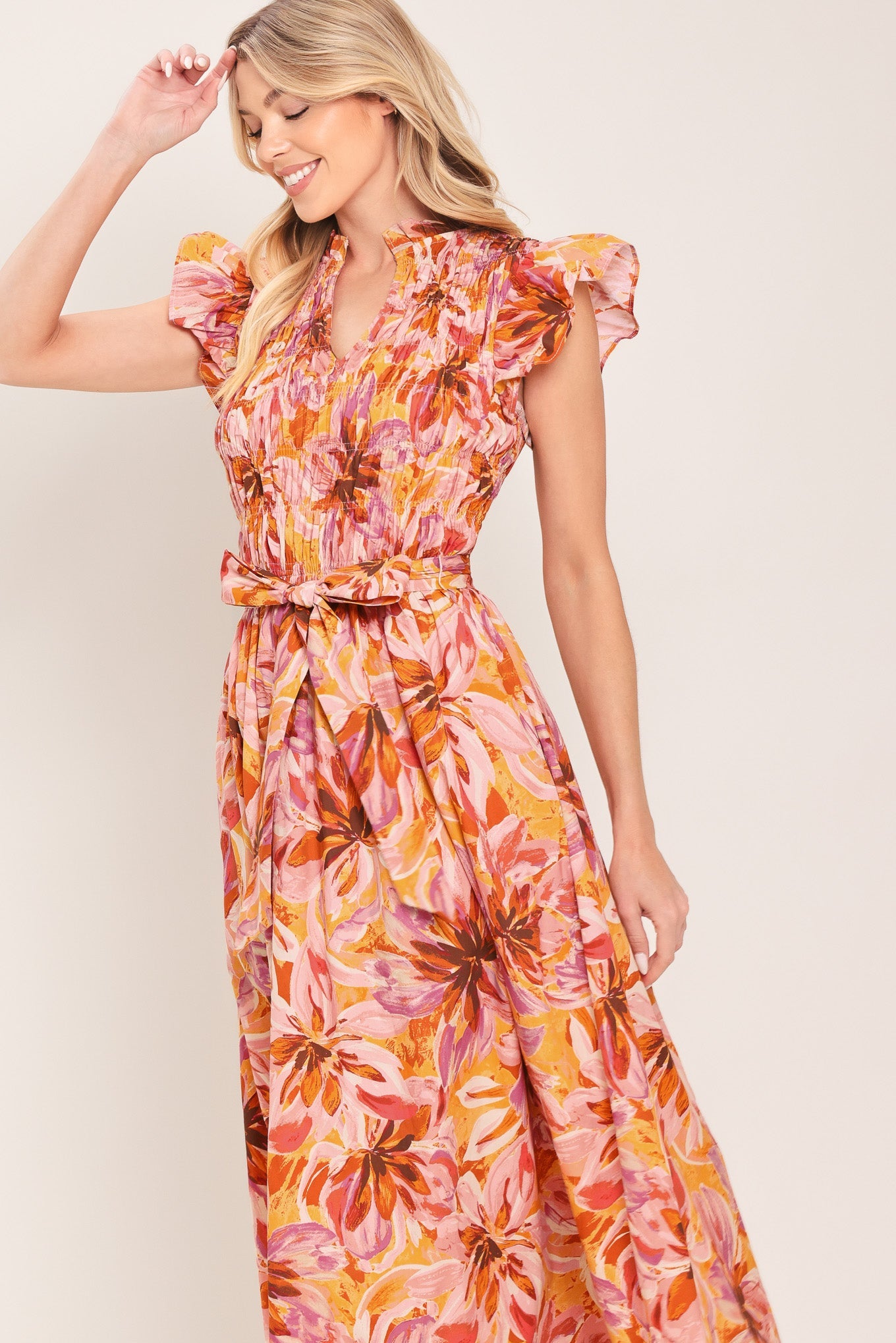 apricot midi dress Park Avenue Flutter Sleeve Side Split Midi Dress Apricot