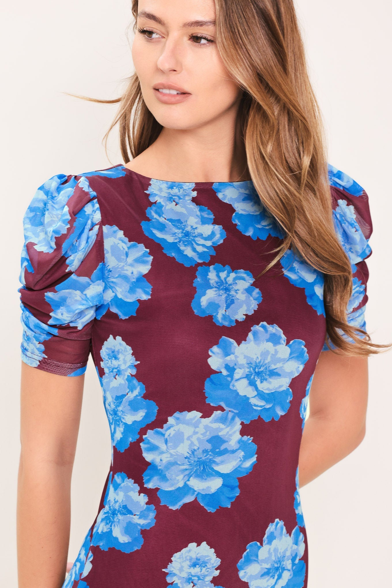 short sleeve floral mesh midi dress Blue Floral Mesh Short Sleeve Maternity Midi Dress PinkBlush