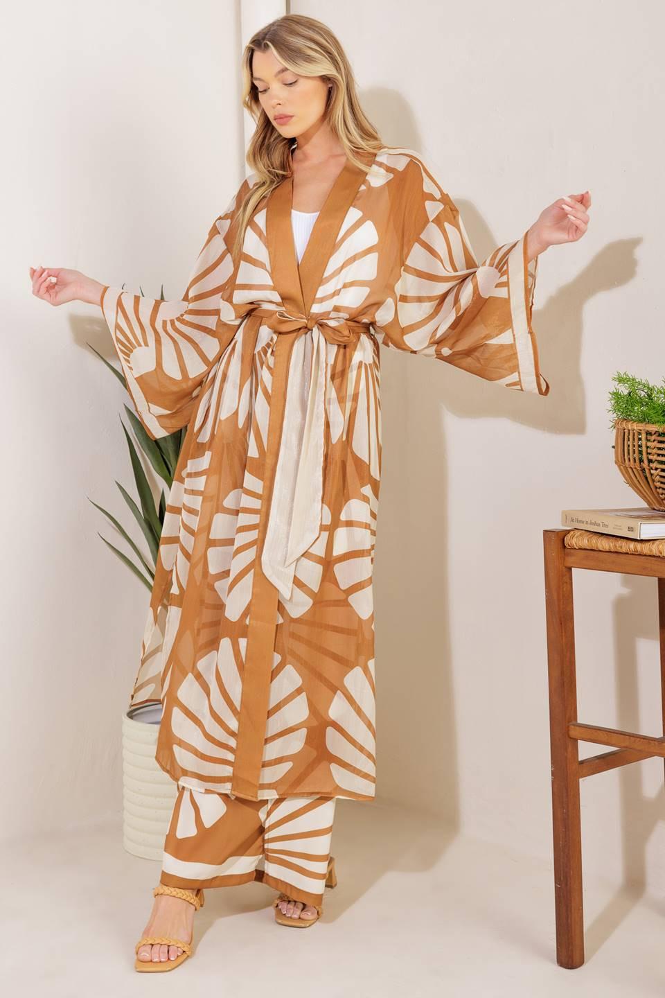 Awaiting Love Woven Kimono Cover Up And Pant Set