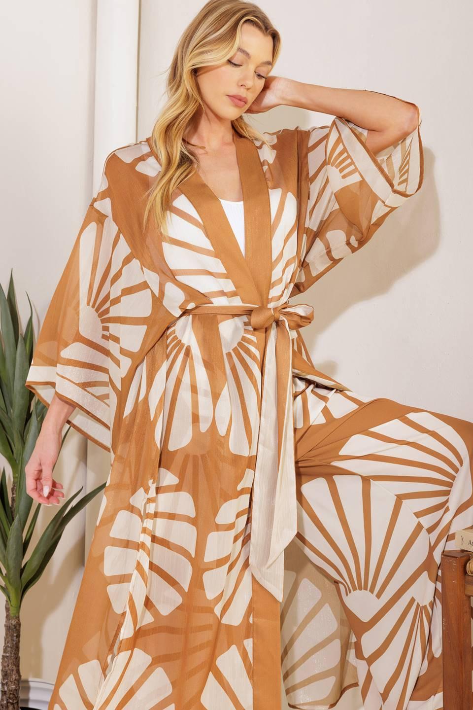 Awaiting Love Woven Kimono Cover Up And Pant Set